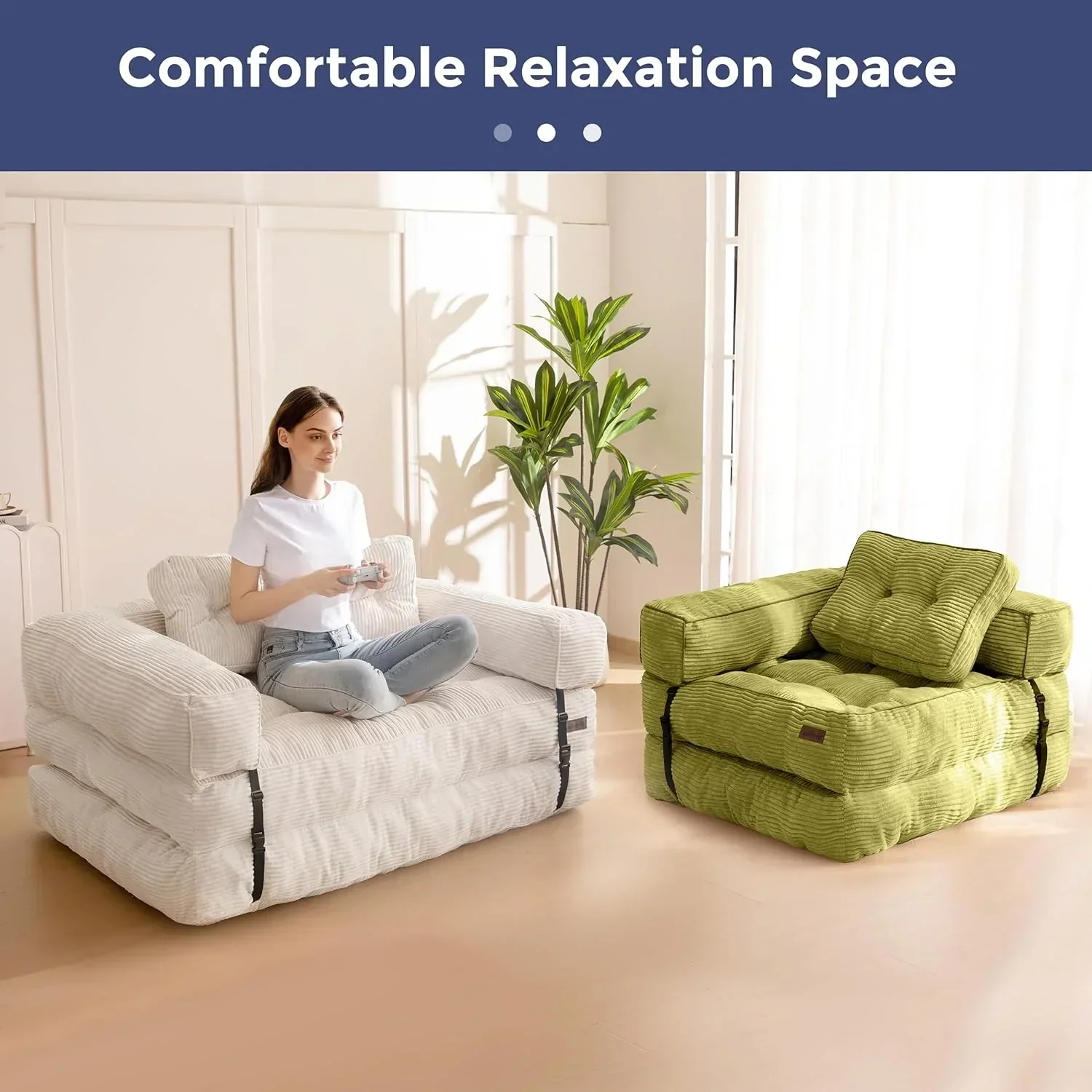 Folding Sofa Bed L-Shaped Convertible Sofa Bed with Armrests and Pillows