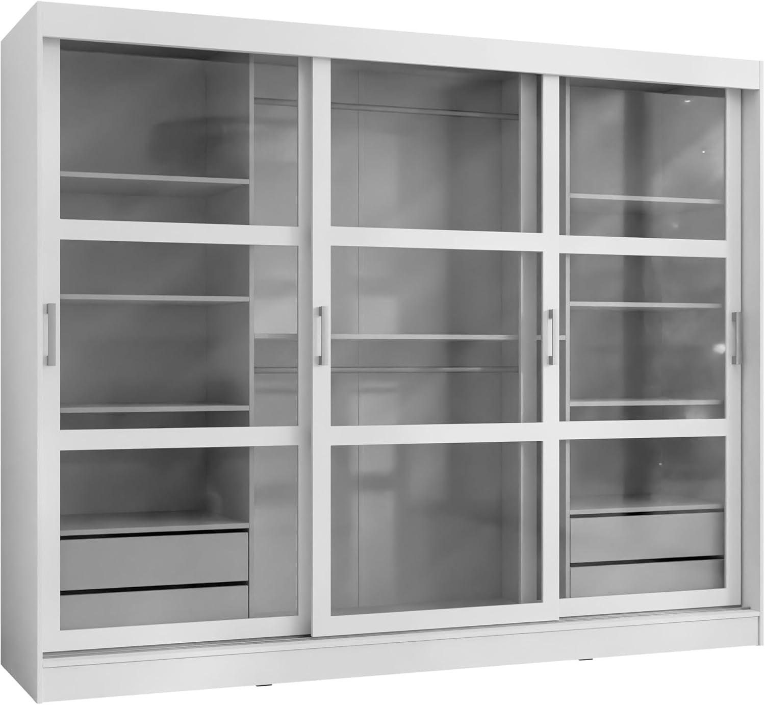 Mirjan24 Kleiderschrank Norlio mit Glastüren und Schubladen, Schwebetürenschrank mit Rauchglas, Schiebetürenschrank mit einlegeböden und Stange, Garderobe (Weiß, ohne Beleuchtung)