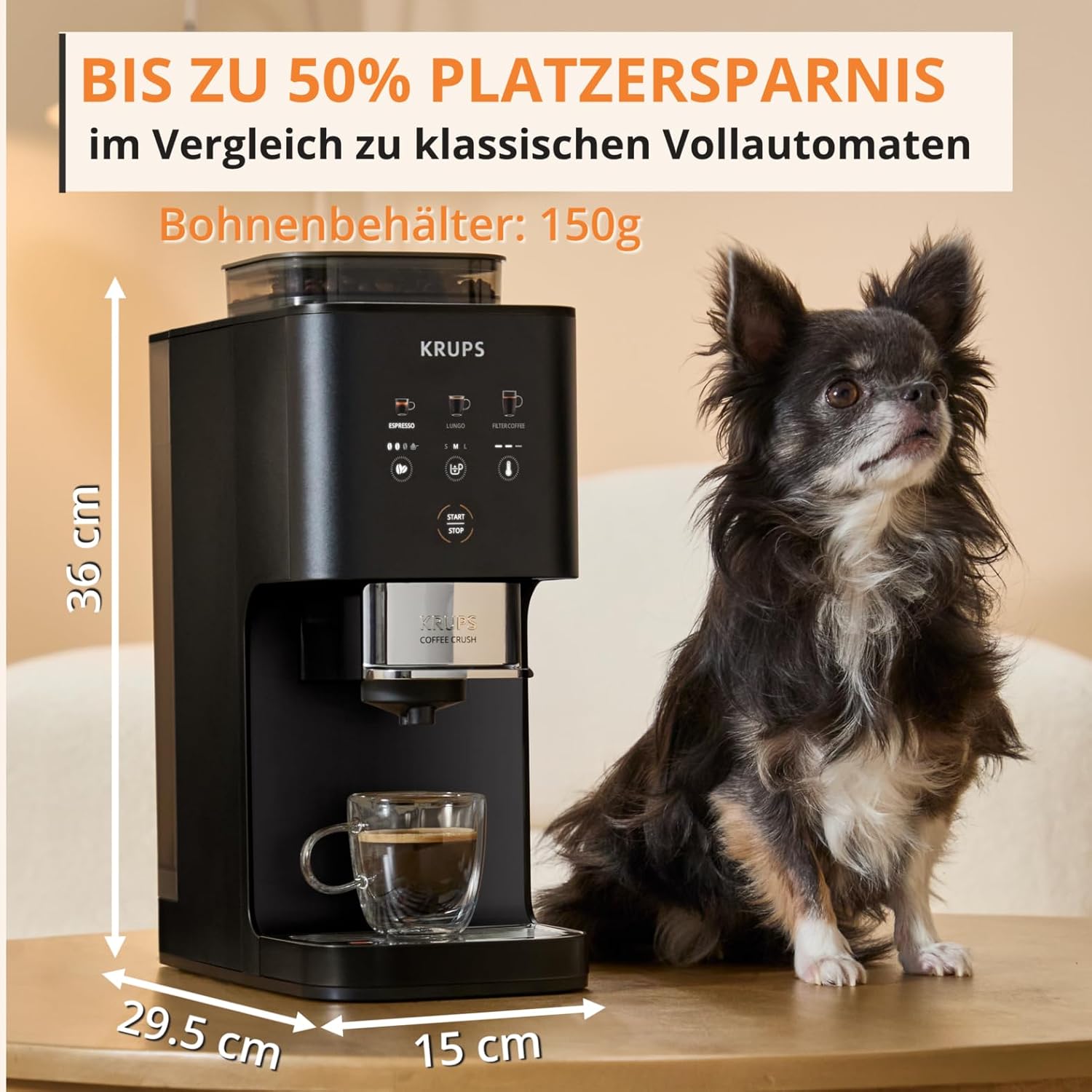 Krups Coffee Crush Extra Kaffeevollautomat, Edelstahlmühle für frisch gemahlenen Kaffee, nur 15 cm breit, smartes Bedienfeld, auch für vorgemahlenen Kaffee, einfache Reinigung, Schwarz, SA4028E0