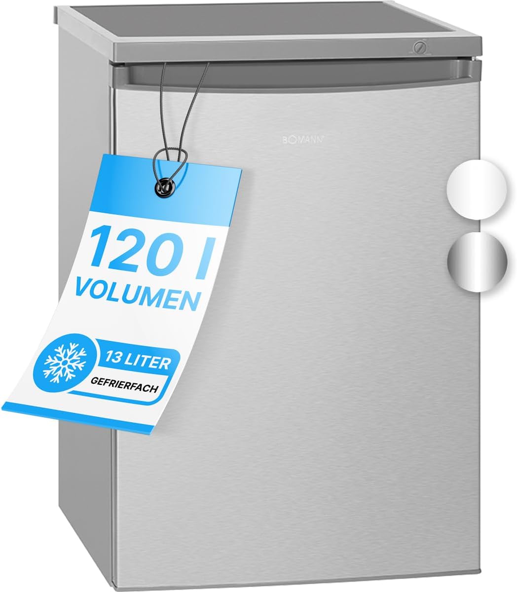 Bomann Kühlschrank mit Gefrierfach Kühlschrank klein mit 120L Nutzinhalt Kühlen 107L  und  Gefrieren 13L Fridge mit 3 Türablagen  und  2 Glasablagen wechselbarer Türanschlag KS 2184.1 inox