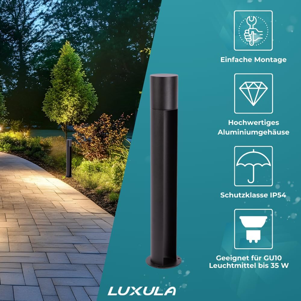 LUXULA 4er Set Wegeleuchte Außen mit Bodenplatte und Erdspieß, GU10 Fassung, Aluminium, 60cm Höhe - LED Außenleuchte IP44 Pollerleuchte Garten Terrasse