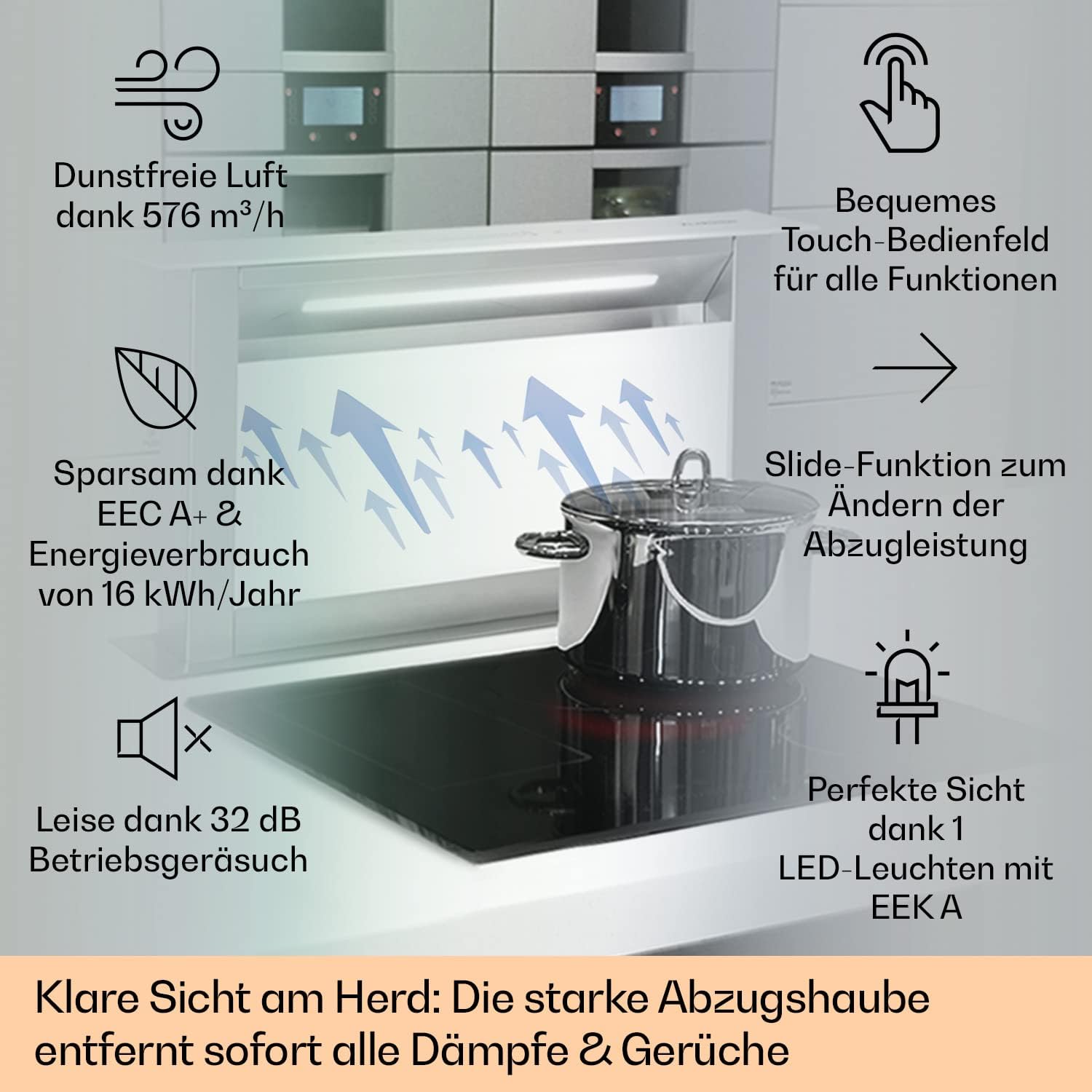 Klarstein Downdraft-Dunstabzugshaube, Versenkbare Abzugshaube, Leise Dunstabzugshauben mit Filter, Dunstabzugshaube 60cm, Umluft/Abluft Dunsthaube mit 10 Stufen, Dunstabzug 576 m³/h Luftstrom