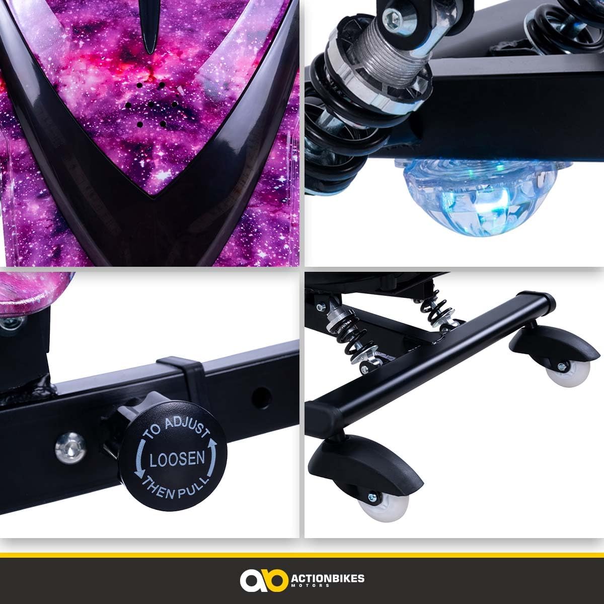 Actionbikes Motors Kinder Elektro Driftscooter | 𝟐𝟓𝟎 Watt Motor - Drift Cart 360°- 3 Geschwindigkeitsstufen - LED-Beleuchtung - Sitz verstellbar - Bluetooth - Drift Kart - Drift Auto (Space Purple)