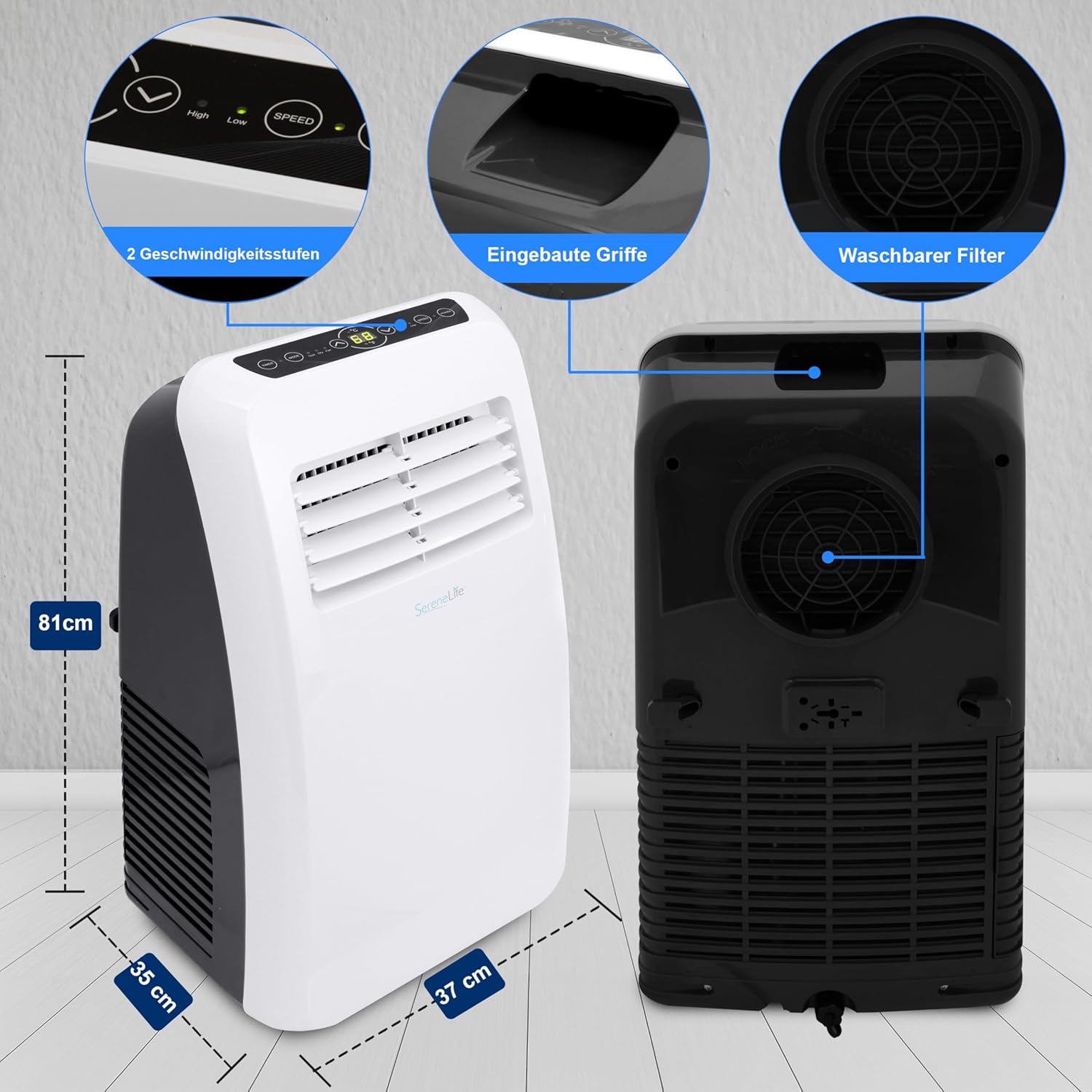SereneLife Mini Klimaanlage mobil, 3-in-1 mobiles Klimagerät mit Abluftschlauch – Luftkühler, Luftentfeuchter & Ventilator, Air conditioner – 9.000 BTU, 1,5L Feuchtigkeit/Stunde, kühlt Räume bis 42 m2