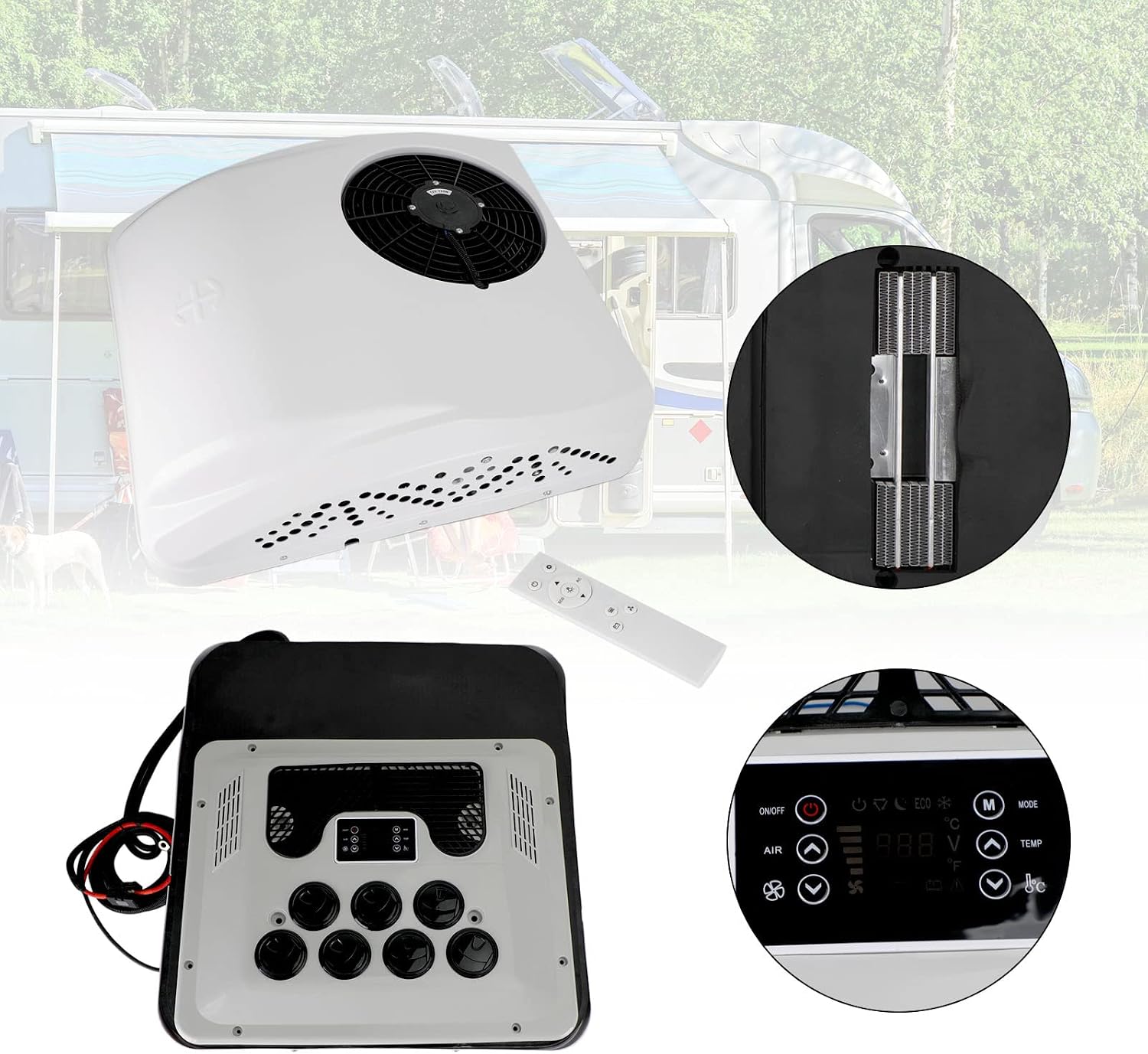 12V Standklimaanlage Dachklima mit Heizfunktion–2200 W Kühlen / 1000 W Heizen,für LKW/Truck-Kabine,Wohnmobil/RV,Van–R410A,Fernbedienung,Aufdach/Heckwand-Montage,bis 8 m³,3 m Kabel
