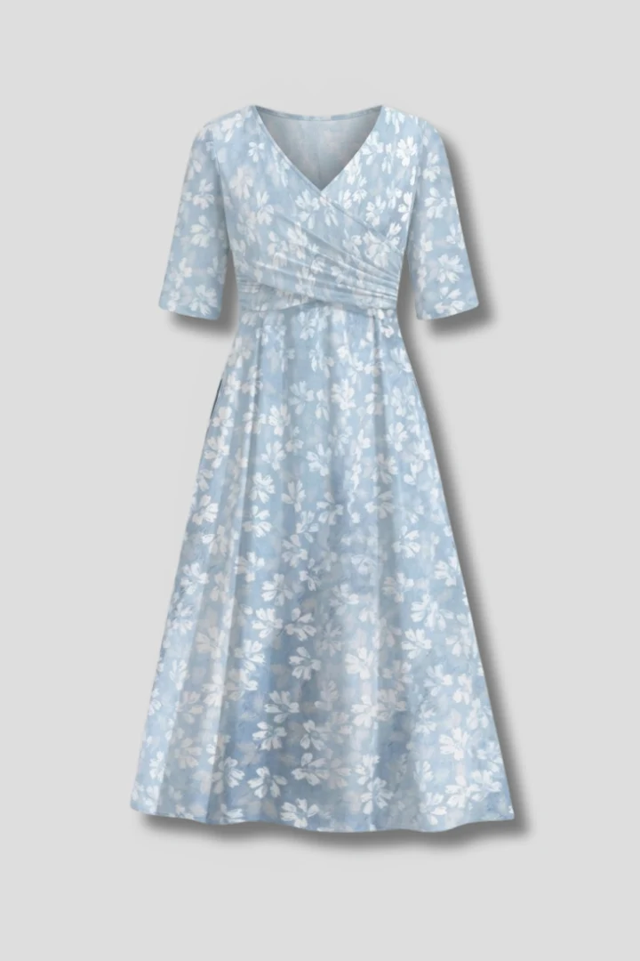 Damen Midikleid mit V-Ausschnitt und Seitentaschen | Bequemes Kurzarm Freizeitkleid mit lockerem Sitz f��r den Alltag