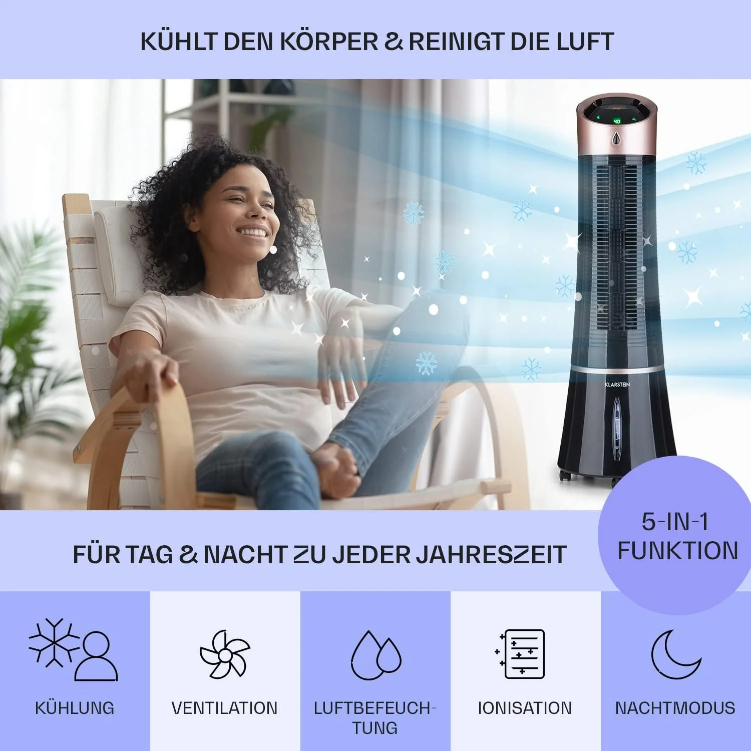 Klarstein 4-in-1: Slimme luchtkoeler, ventilator, luchtbevochtiger & ionisatie I 6 L watertank, oscillatie, 30 W, 210 m3/u, timer I Klimaatregelaar zonder afvoerslang, Mobiele airconditioner, Zwart-ros��goud