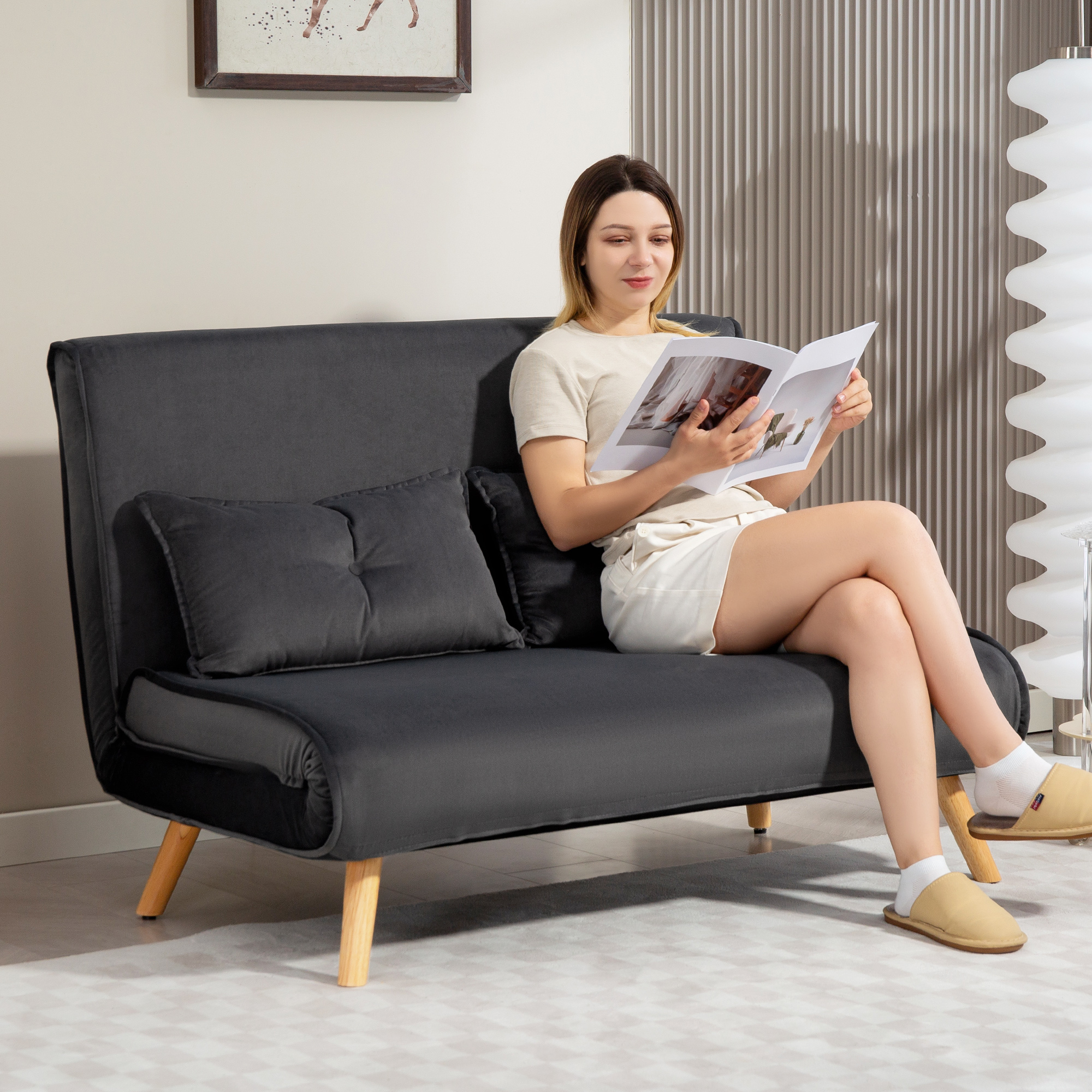 2-zits slaapbank, bedbank, om te bouwen bank met verstelbare rugleuning, stofbekleding, metalen frame, Grijs