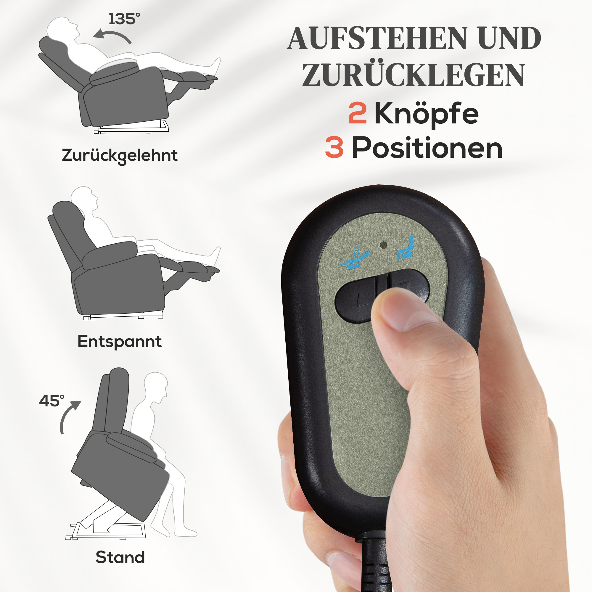 Elektrische Power Lift Sta-op-Stoel met Massage- en Verwarmingsfunctie, USB-Aansluitingen, Bekerhouders, Donkergrijs