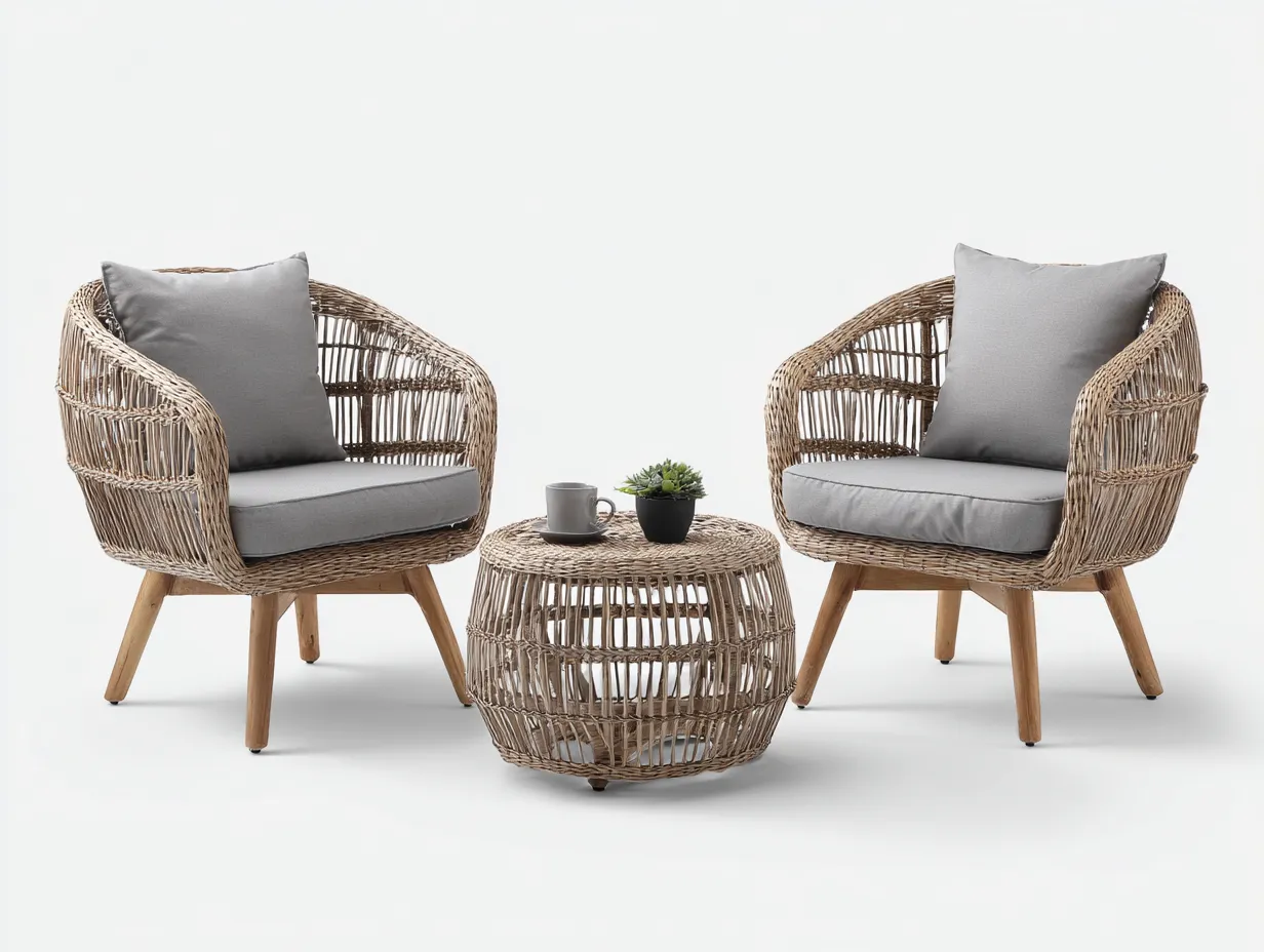 Garten Lounge Set - Rattan-Holz-Stoff - 68 x 68 x 42 cm - Naturbeige-Grau - Skandinavischer Stil