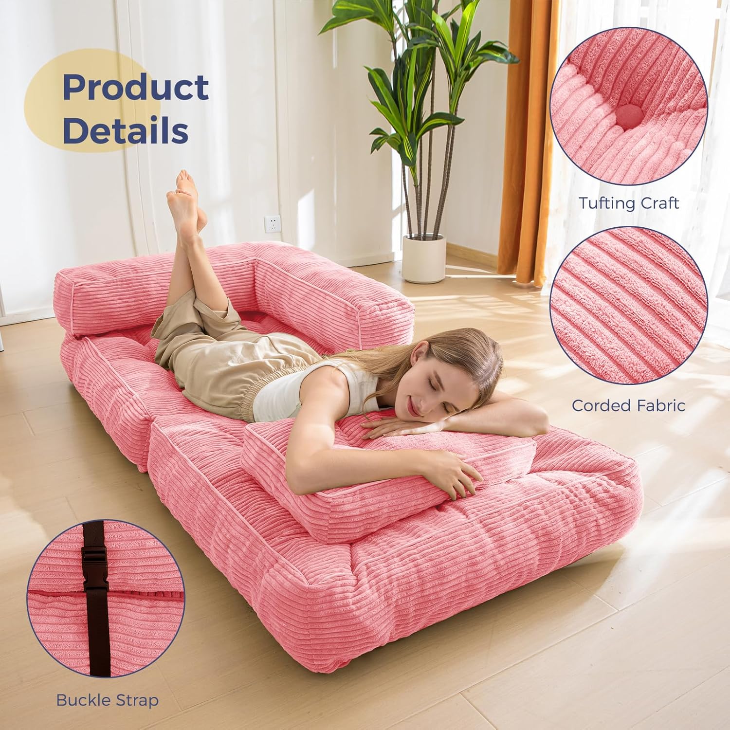 Folding Sofa Bed L-Shaped Convertible Sofa Bed with Armrests and Pillows