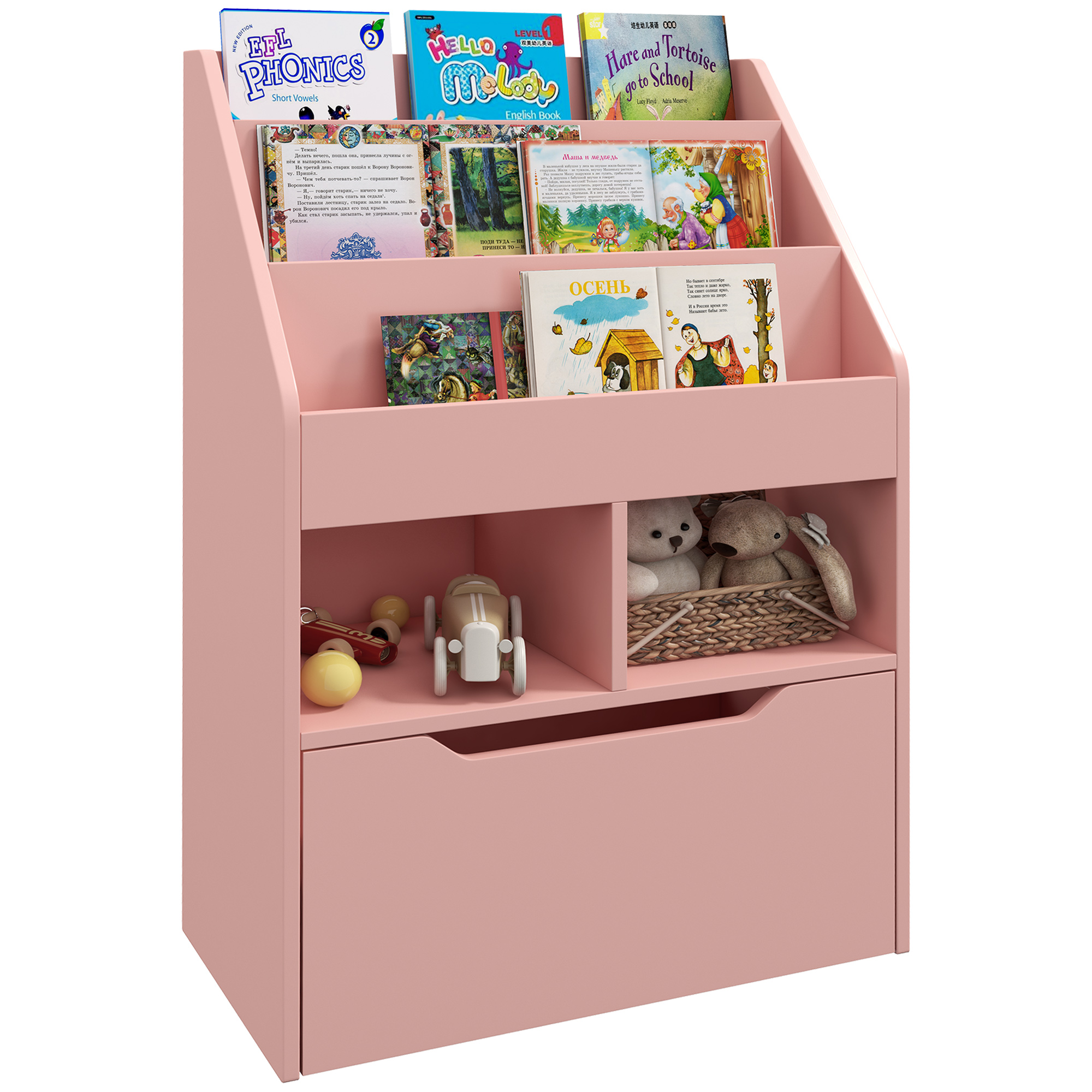 Kinderrek met Lade en Boekenrek met Vakken, 60 x 29,9 x 90 cm, Roze