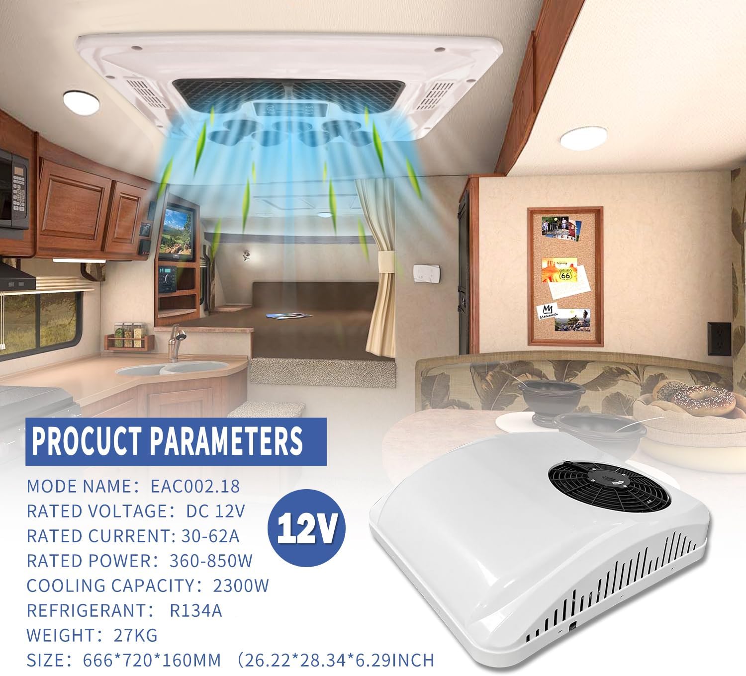 12V Rooftop RV Klimaanlage, 8800BTU 12 Volt elektrisches Parken Klimaanlage, passend für LKW, Wohnmobile, Anhänger, Traktoren, Parkklimaanlage, schnelle Kühlung, Bus,Boot, Wohnmobil,Van