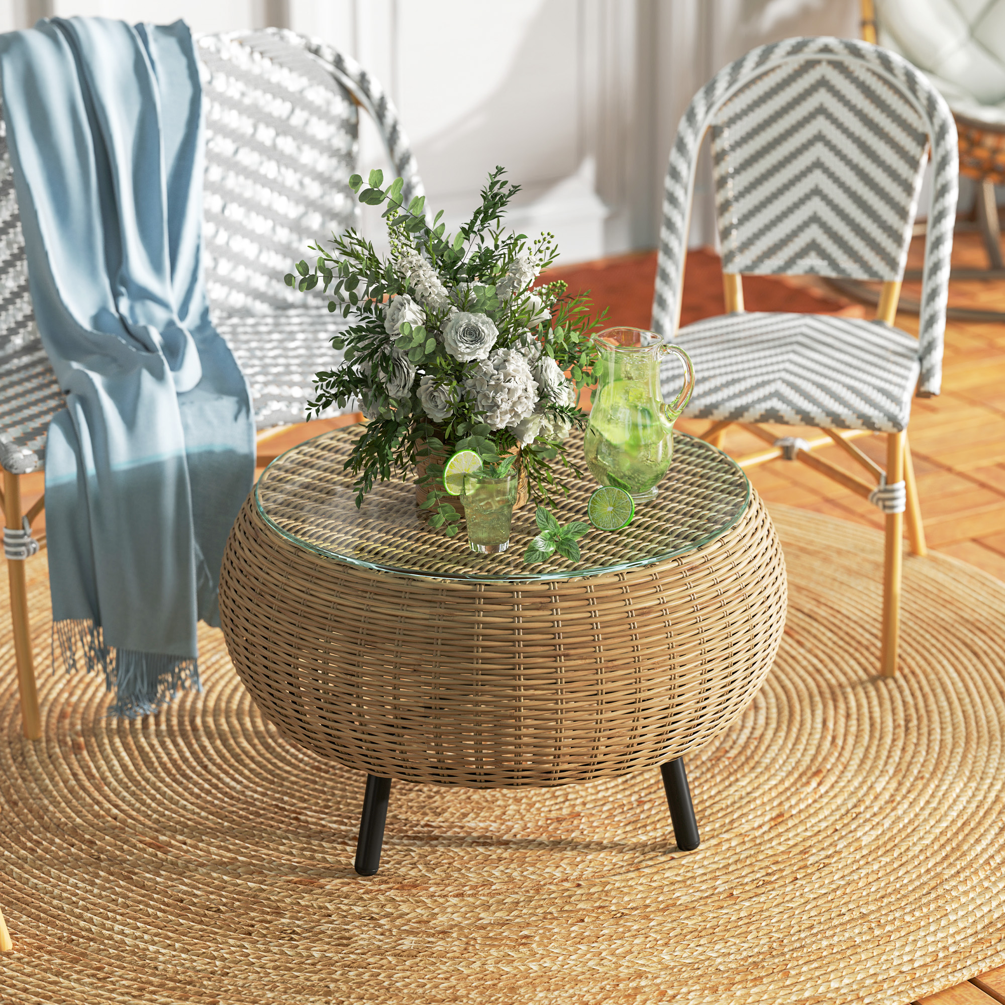Polyrattan Bijzettafel met Glazen Tafelblad ?75 x 42 cm - Bruin