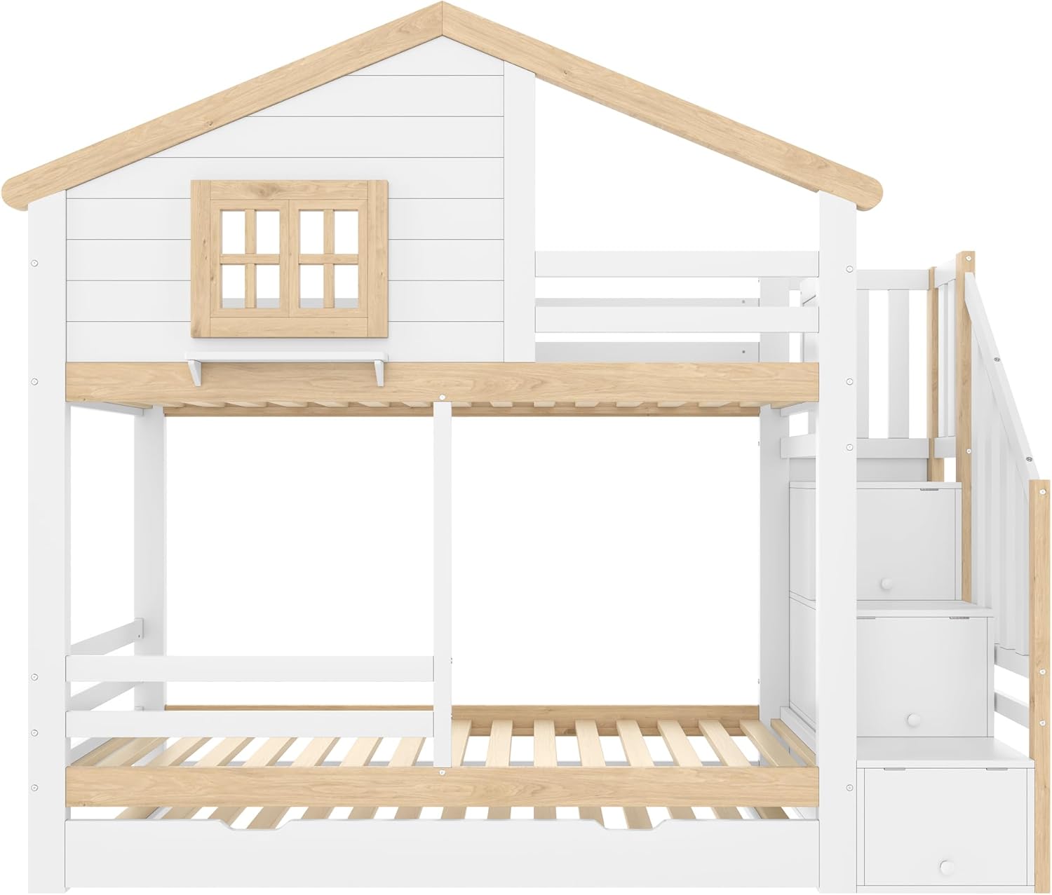 Kinderbett 90x200,Etagenbett für 2 Kinder,Hausbett Hochbett mit Ausziehbett&Treppe&Fenstern&Dach,Holzbett Stauraumbett Stockbett Jugendhochbett mit Rausfallschutz&Lattenrost,Ohne Matratze,Weiß+Natur