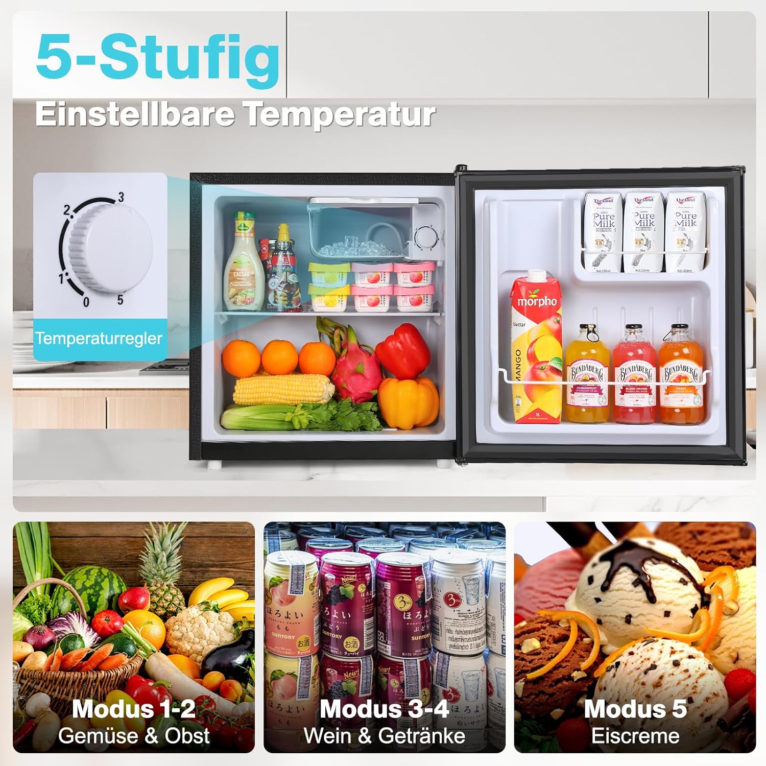YASHE 52L Mini Kühlschrank mit Gefrierfach, Kompakter Kühlschrank, Einstellbarer Thermostat, Großes Fassungsvermögen, Umkehrbarer Türanschlag, Platzsparend, Kühlschrank für Küche, Zimmer, Büro