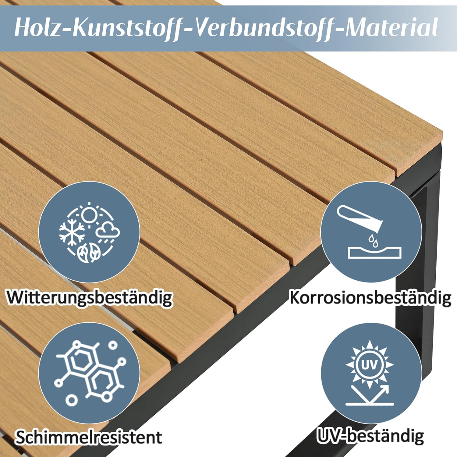 Gartenmöbel-Set, Eckstellung, mit Verstellbarer Neigungsfunktion (5-stufig, bis 55°), verzinktes Stahlrohr, Tischplatte aus Kunststoffholz, mit Zwei Couchtischen, Beige + grau