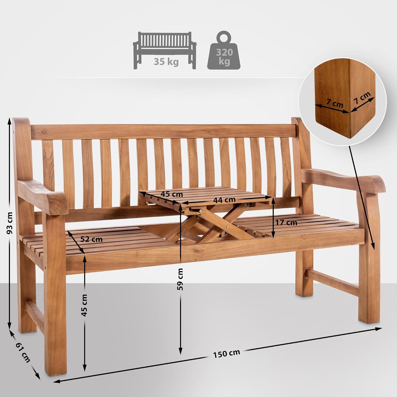 CLP Teakbank Orlando I Wetterfeste Gartenbank Mit Klapp-Tisch, Farbe:Teak, Größe:150 cm