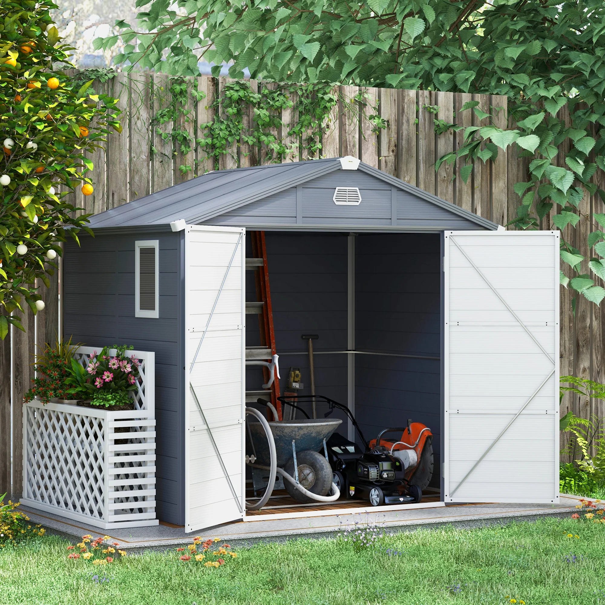 Outsunny Tuinhuis, Tuinschuur met Ventilatieraam, Kunststof, Metaal, 240 x 190 x 180/228, Grijs
