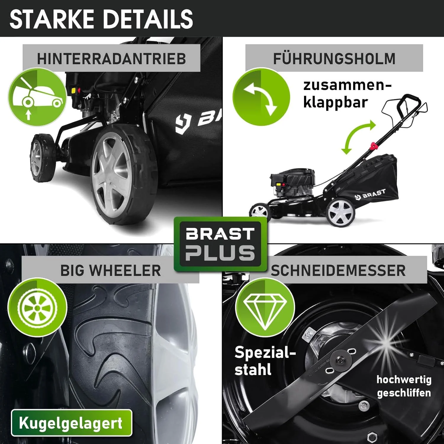 BRAST Benzine grasmaaier met aandrijving | 3,0 kW (4,1 pk) | Elektrische start | 41 cm maaibreedte | vele modellen | T��V | 4-takt OHV-motor | 25-75 mm maaihoogte | 40 L opvangbak | Stalen behuizing | 16145 Estart