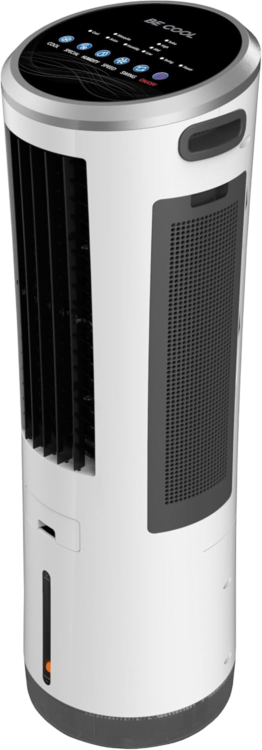 BE COOL 5in1 Luftkühler mit Wasserkühlung - Verdunstungskühler, Ventilator, Luftbefeuchter, Luftwäscher, Mückenabwehr - 110 Watt, 18L Wassertank, Luftumwälzung: 1600m³/h, Fernbedienung, weiß/grau