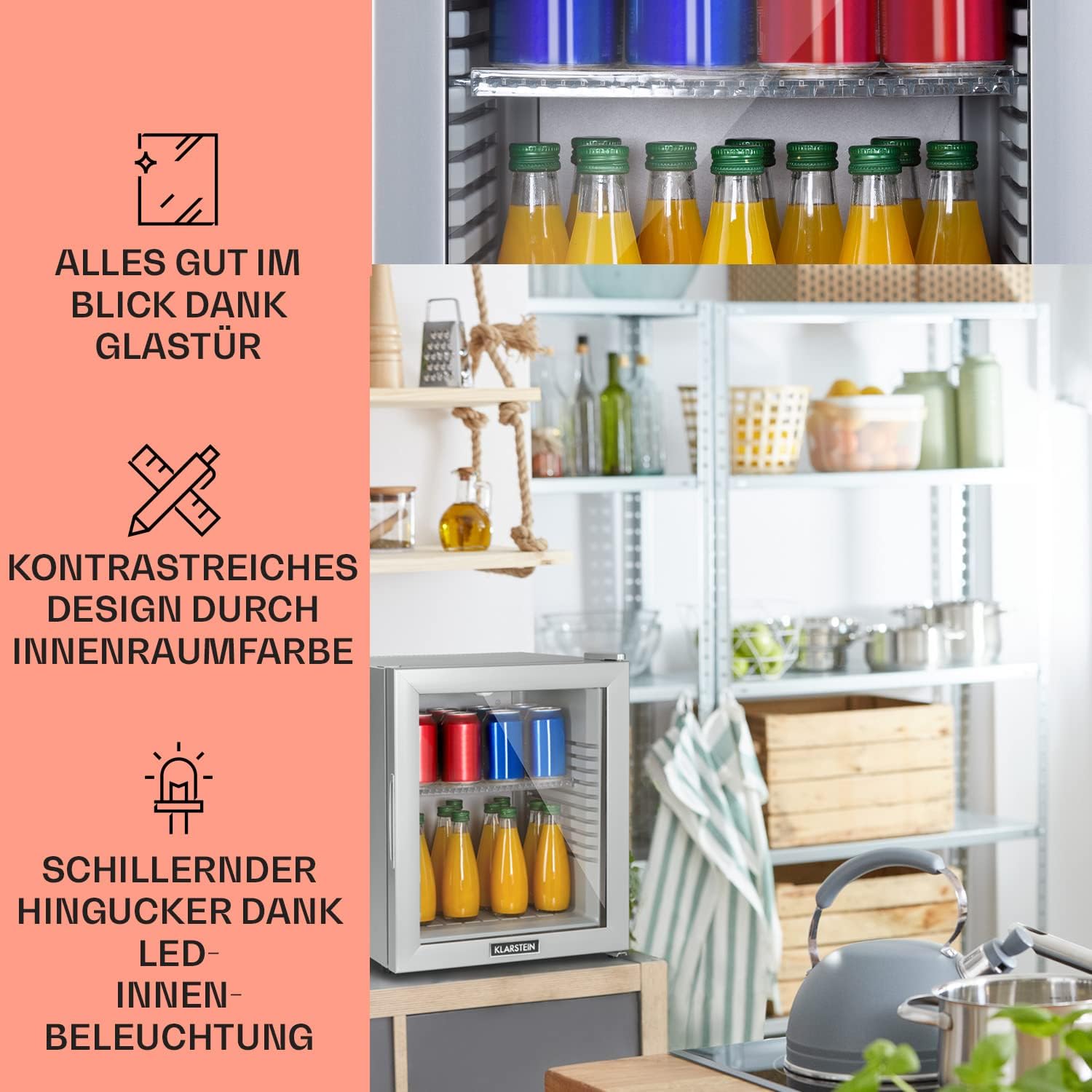 Klarstein Kühlschrank, Mini Kühlschrank mit Glastüre, Mini-Kühlschrank für Getränke, Snacks & Kosmetik, Kühlschrank Klein & Leise, Verstellbare Ablagen, Kleiner Skincare Kühlschrank 12-18°C, 32L