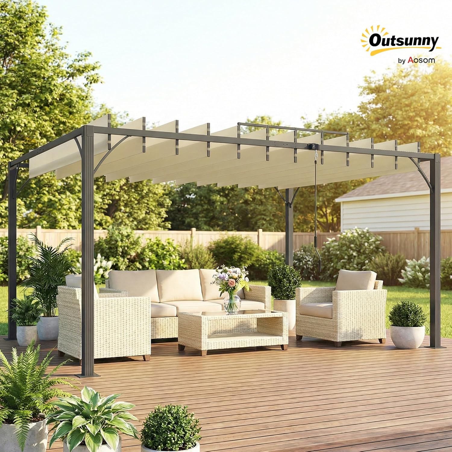 Outsunny Pérgola de Jardín 3x4 m, Cenador de Jardín con Techo de Lamas Orientables a 135°, Columna de Aluminio, Vigas de Hierro, Protección UPF30+, Pabellón para Exterior, Patio, Terraza, Blanco Crema