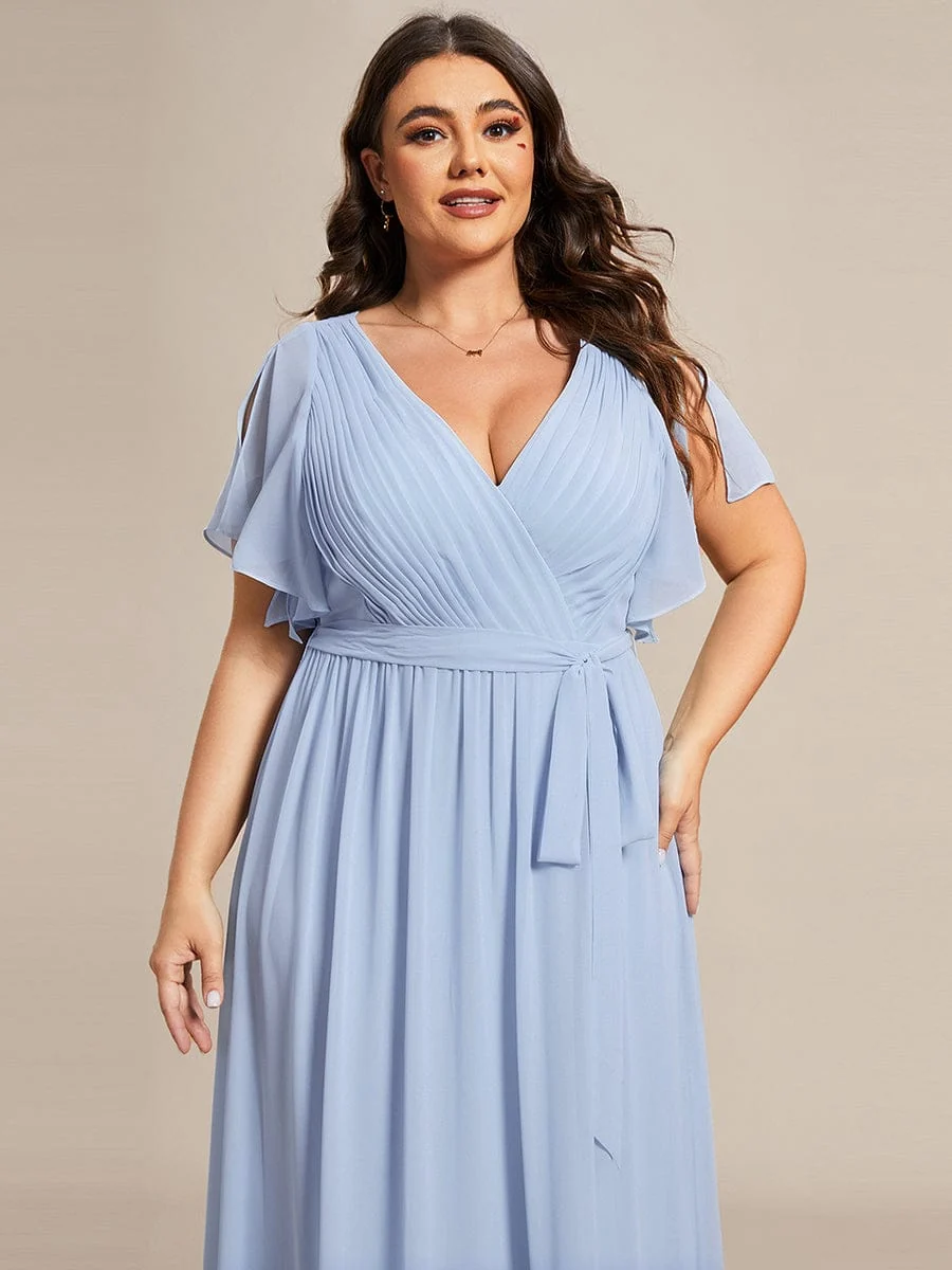 Abendkleid Damen Maxi A-Linie aus Chiffon | Festliches Kleid f��r Hochzeitsg?ste mit V-Ausschnitt und Fl��gel?rmeln