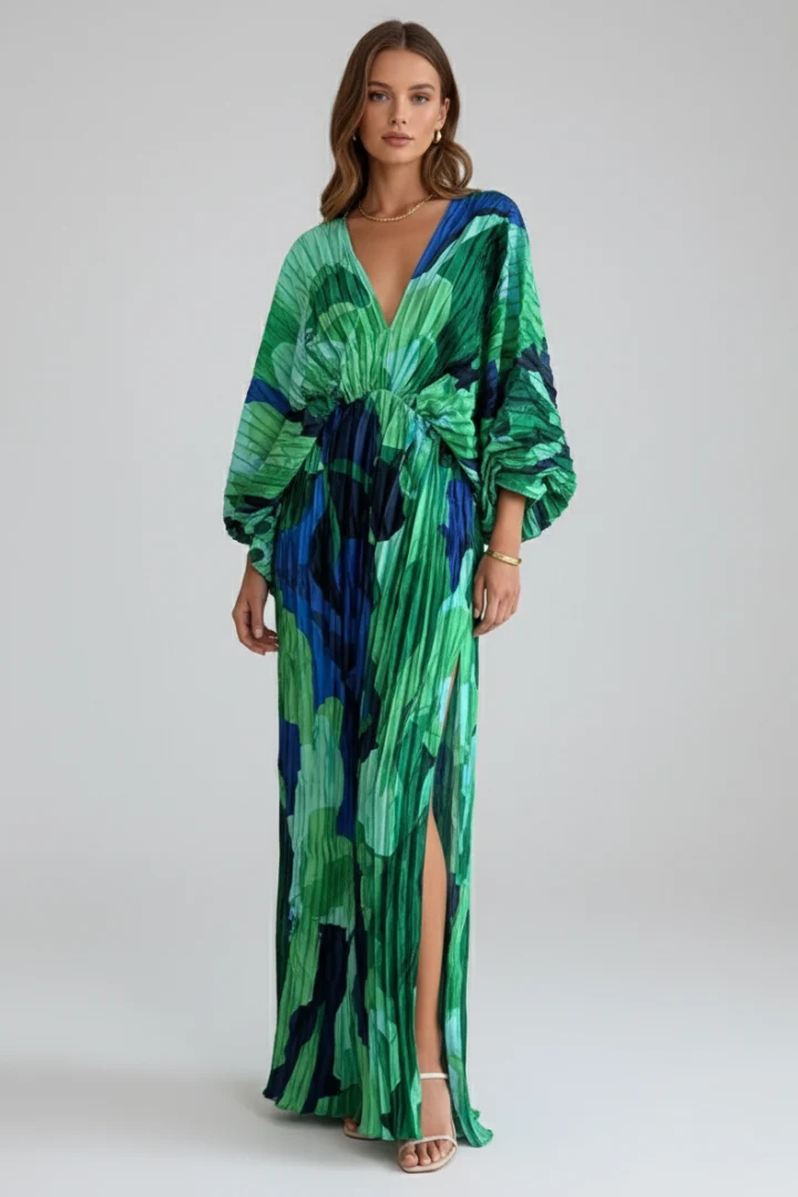 Maxikleid f��r Damen mit V-Ausschnitt und Plissee-Finish | Langarm Kleid mit geraffter Taille und Seitenschlitz gemustert