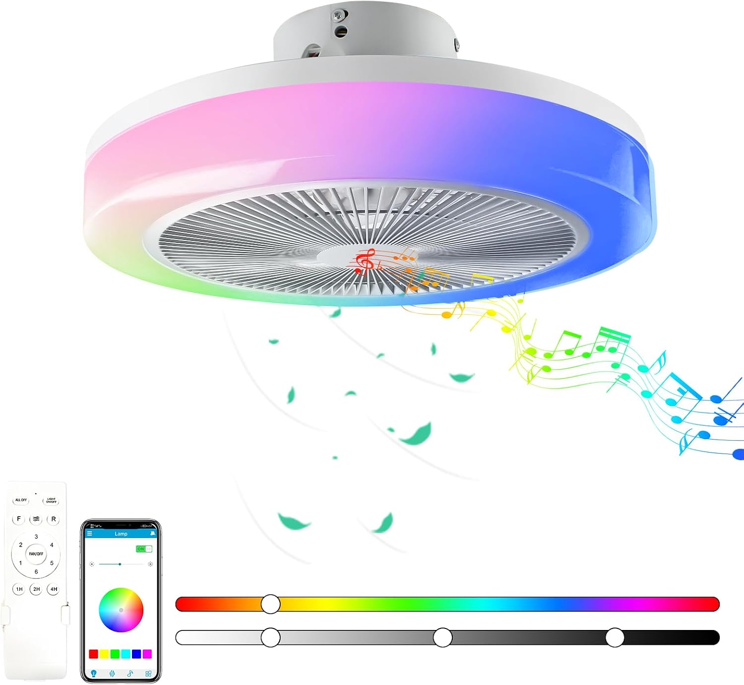 RGB Deckenlampe Mit Ventilator, Dimmbare LED Lichter, Leiser Moderner Fan Mit Beleuchtung, Fernbedienung und APP-Steuerung