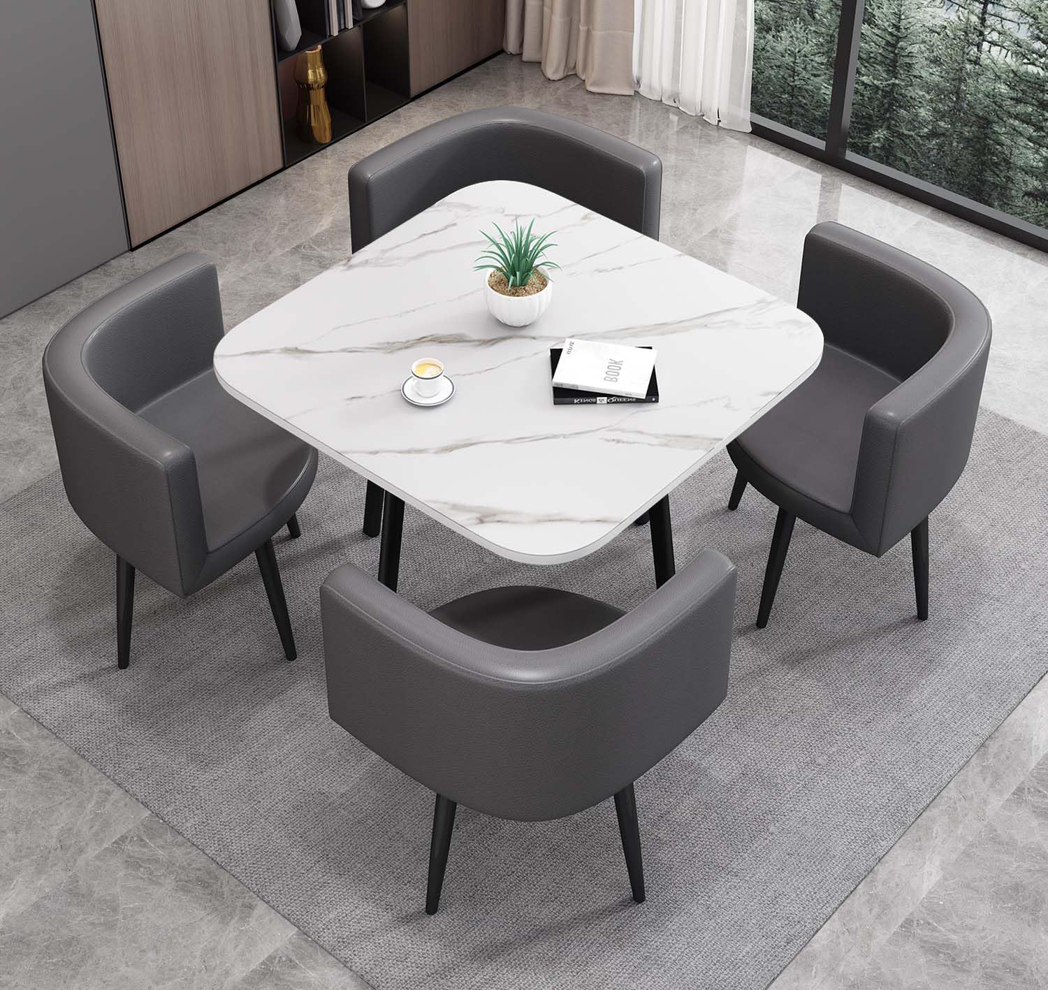 Dining Table Set with 4 Chairs, small Round Dining Table 90 cm, for 4-6 People, for Dining Room, Kitchen, Living Room, modern Kitchen Chairs,Square White
