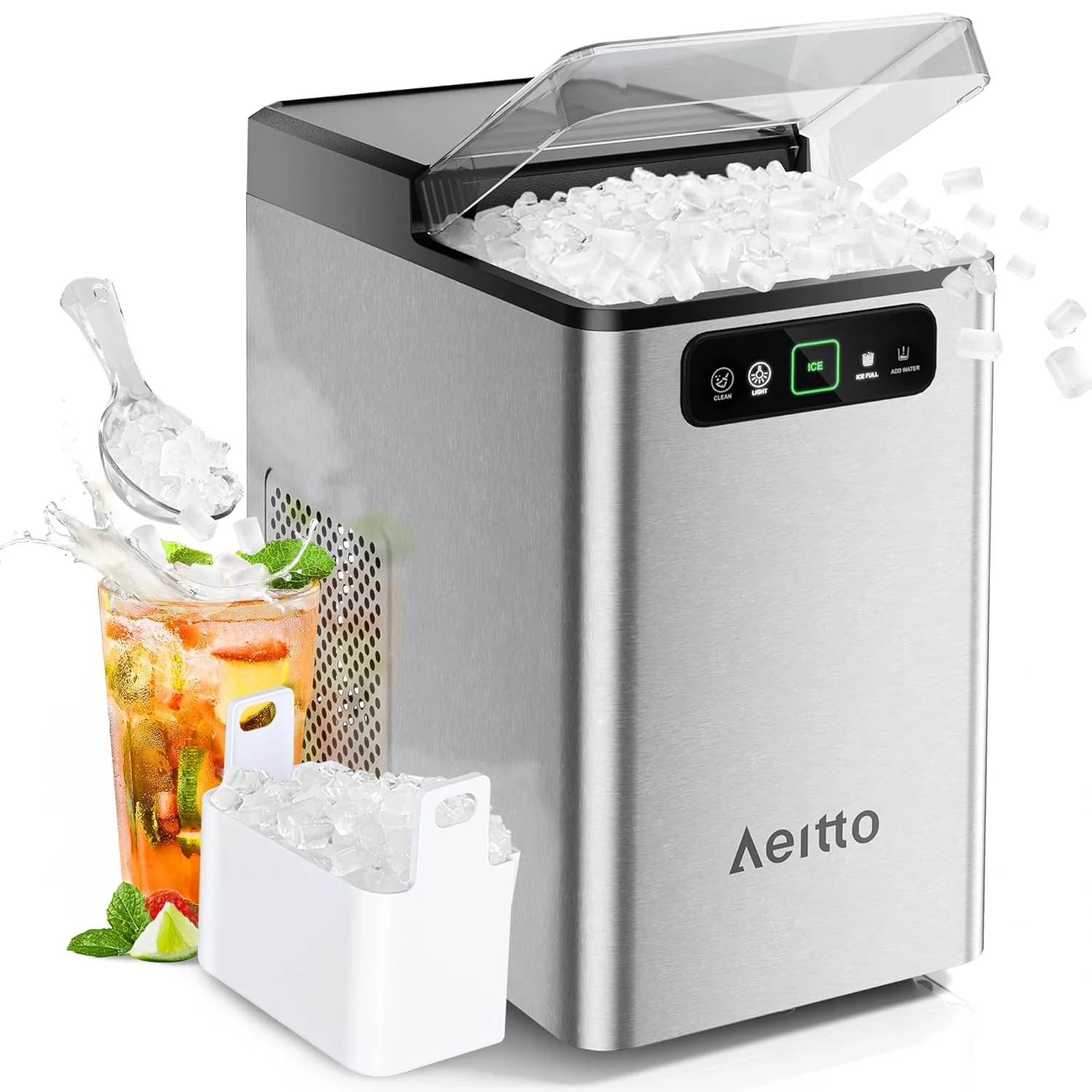 Aeitto Nugget Ice Maker 40Lbs/24H. Countertop Soft Chewable Ice Pebble Ice Machine. One-Click Operation. Auto Self-Cleaning Ice Makers with Scoop&Basket for Home. Office. Kitchen. Party (Grey)