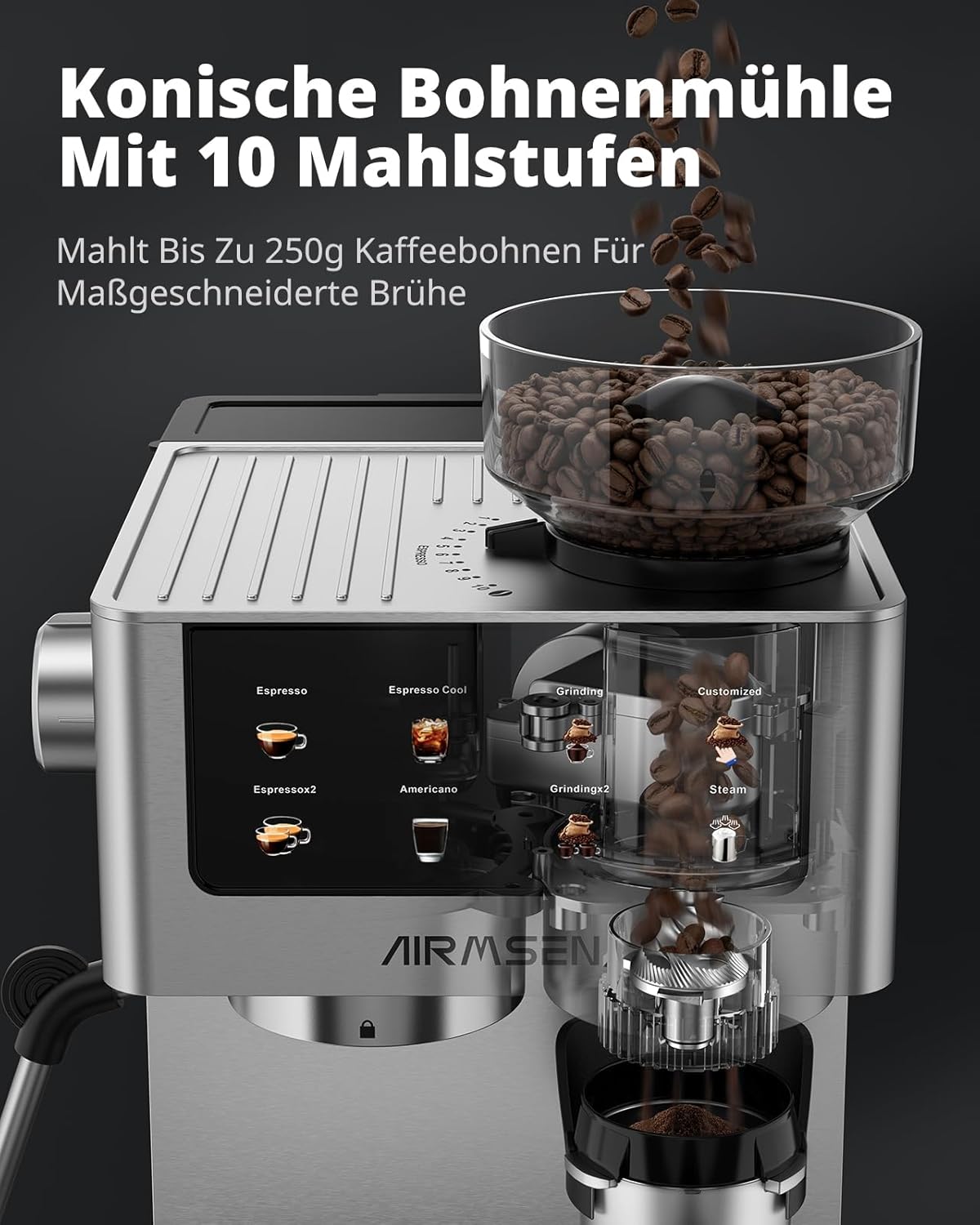 AIRMSEN 20 Bar Siebträgermaschine mit Kegelmahlwerk & Milchschäumer, 1.8L Wassertank, Edelstahl Espressomaschine Kaffeemaschine für Americano, Cappuccino und Latte