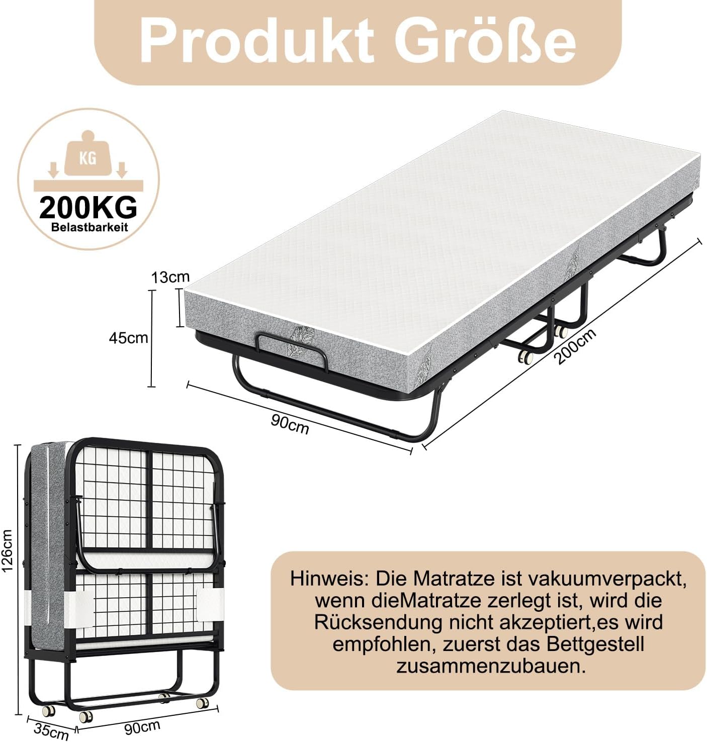 Cama plegable 90x200 cm, cama supletoria, cama plegable con colchón de 13 cm de grosor, 4 ruedas con freno, cama para adultos con capacidad de carga hasta 200 kg, para sala de estar