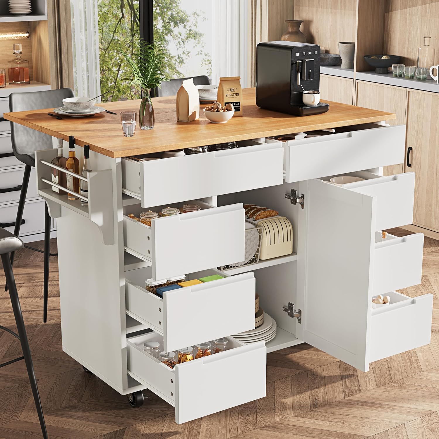 Kücheninsel, Moderne Küchenschrank, Ausziehbarer Küchenwagen mit Rollen und Arbeitsplatte, Servierwagen mit Gewürzregal und 8 Schubladen (Weiß)