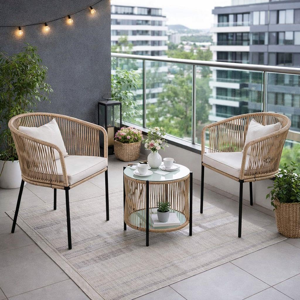 ESTEXO Bistro Set Balkonmöbel Sitzgruppe Outdoor Gartenset 2 Personen Rope Gartenset (Beige)