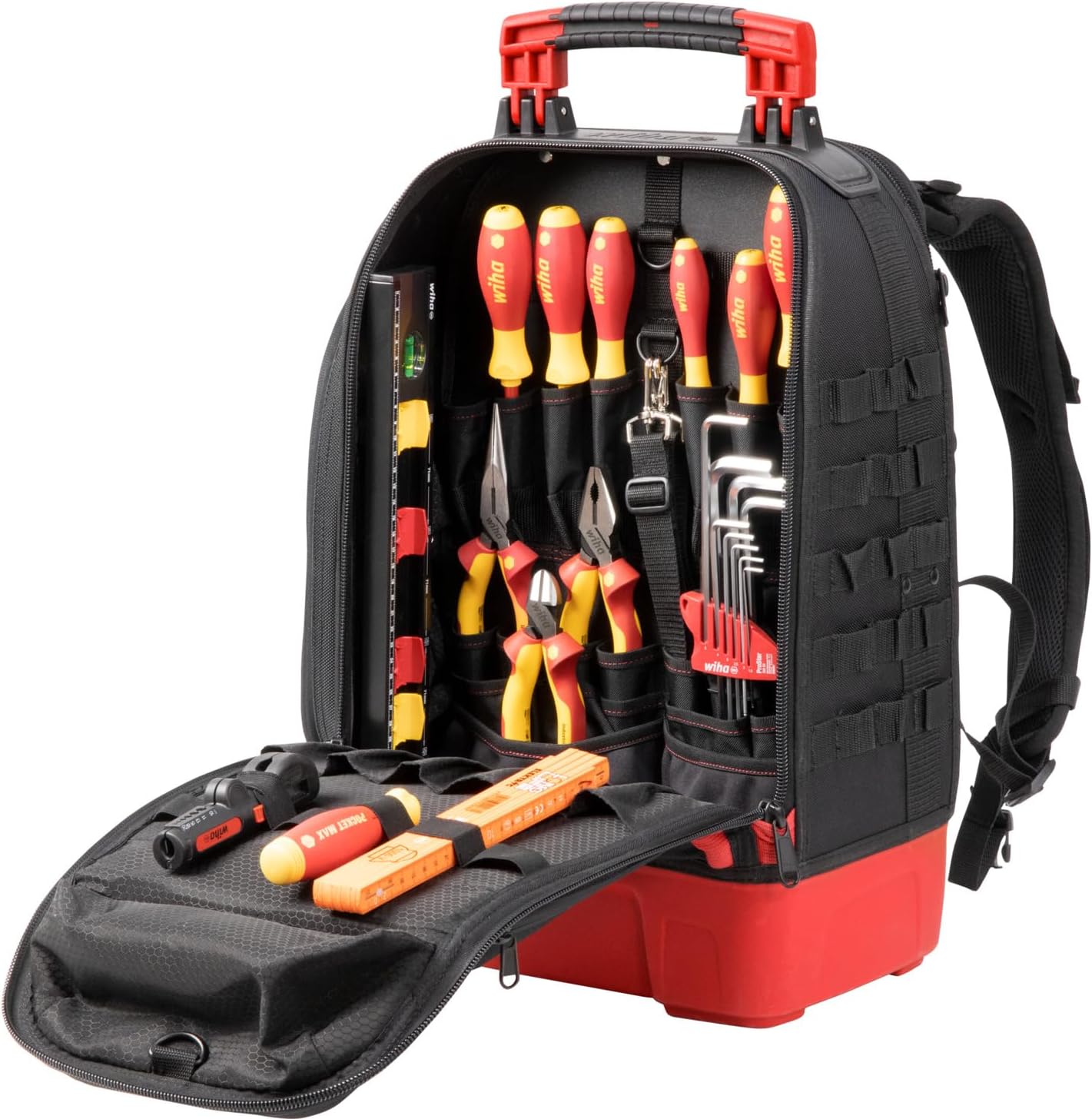 Wiha Elektriker Werkzeugrucksack 27-tlg. I mit Elektriker Grundausstattung I stabiler Standboden I mit Laptopfach I Taschen für Zubehör (45528)