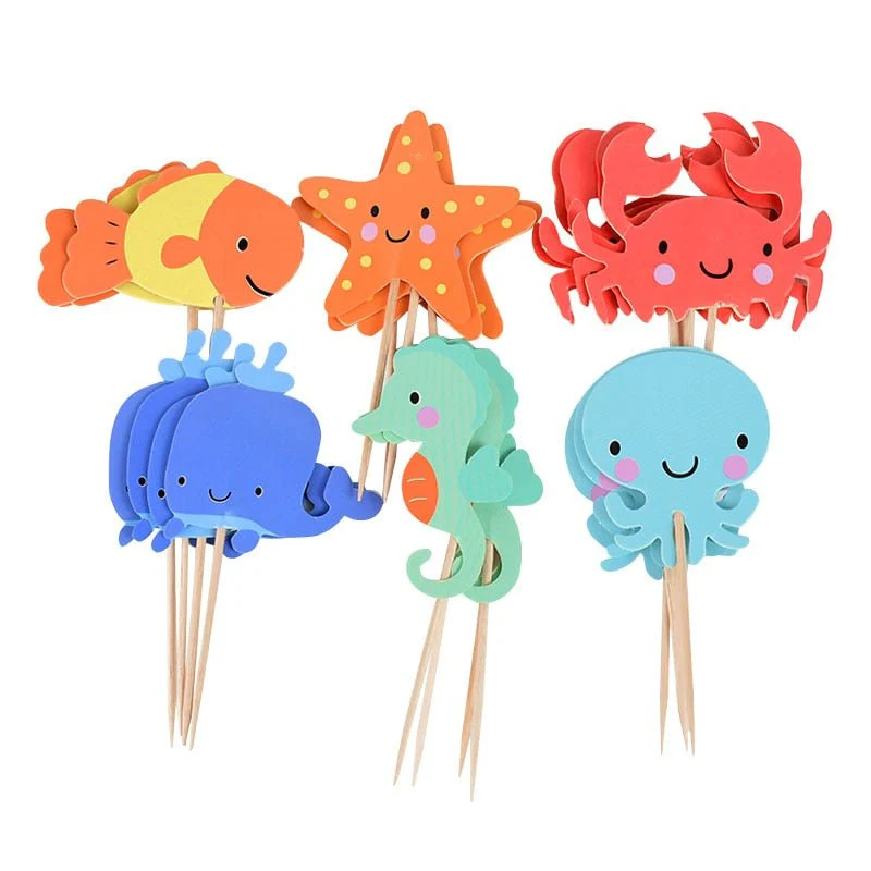 Ocean Animal Cupcake Toppers, Under the Sea Party Cake Flags, Beach Theme Birthday - 24 Pcs