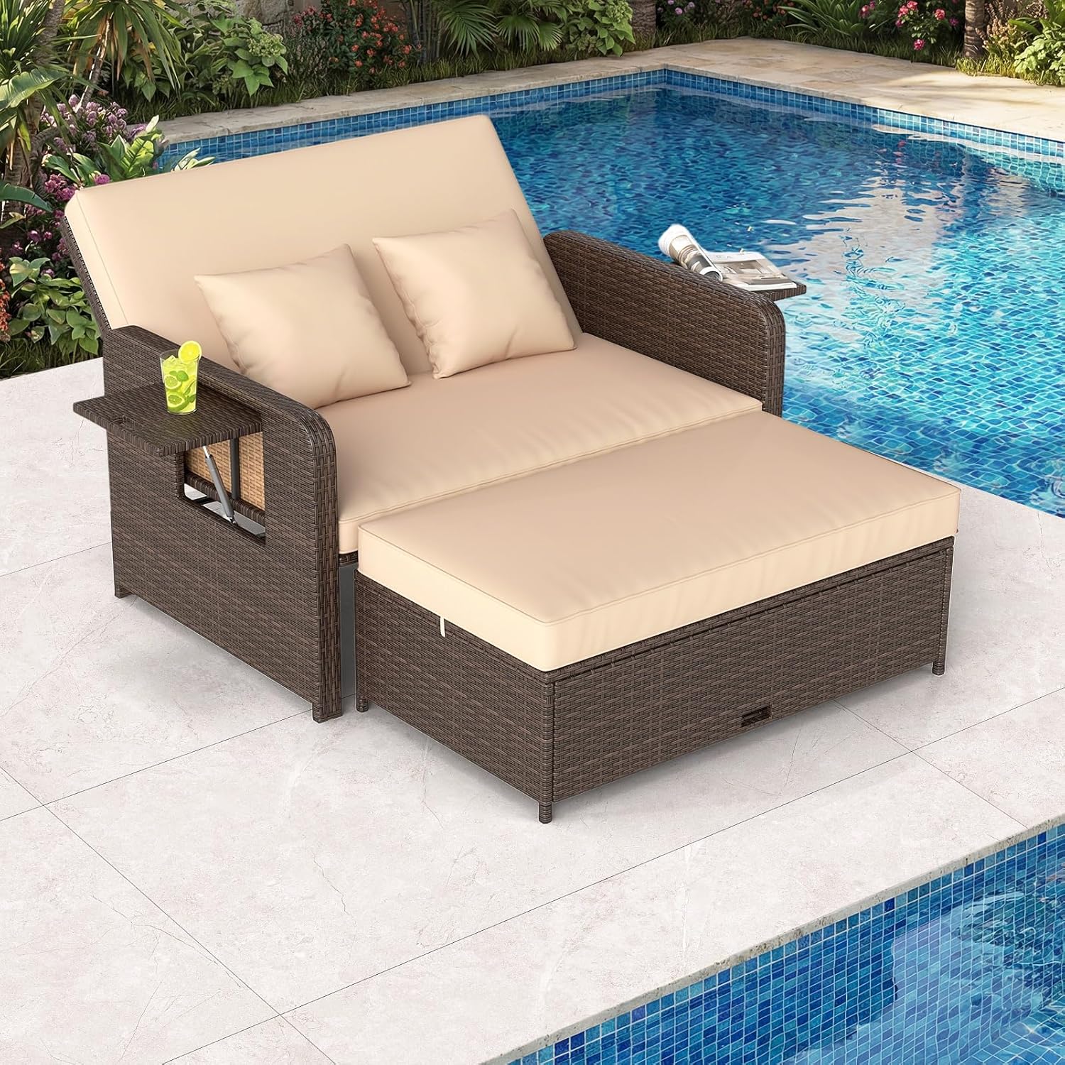 COSTWAY 3 in 1 Polyrattan Sonnenliege, Gartenliege mit Verstellbarer Rückenlehne & Seitenablagen, Loungebett, Doppelliege mit Kissen, Gartensofa mit Hocker & Stauraum für Garten