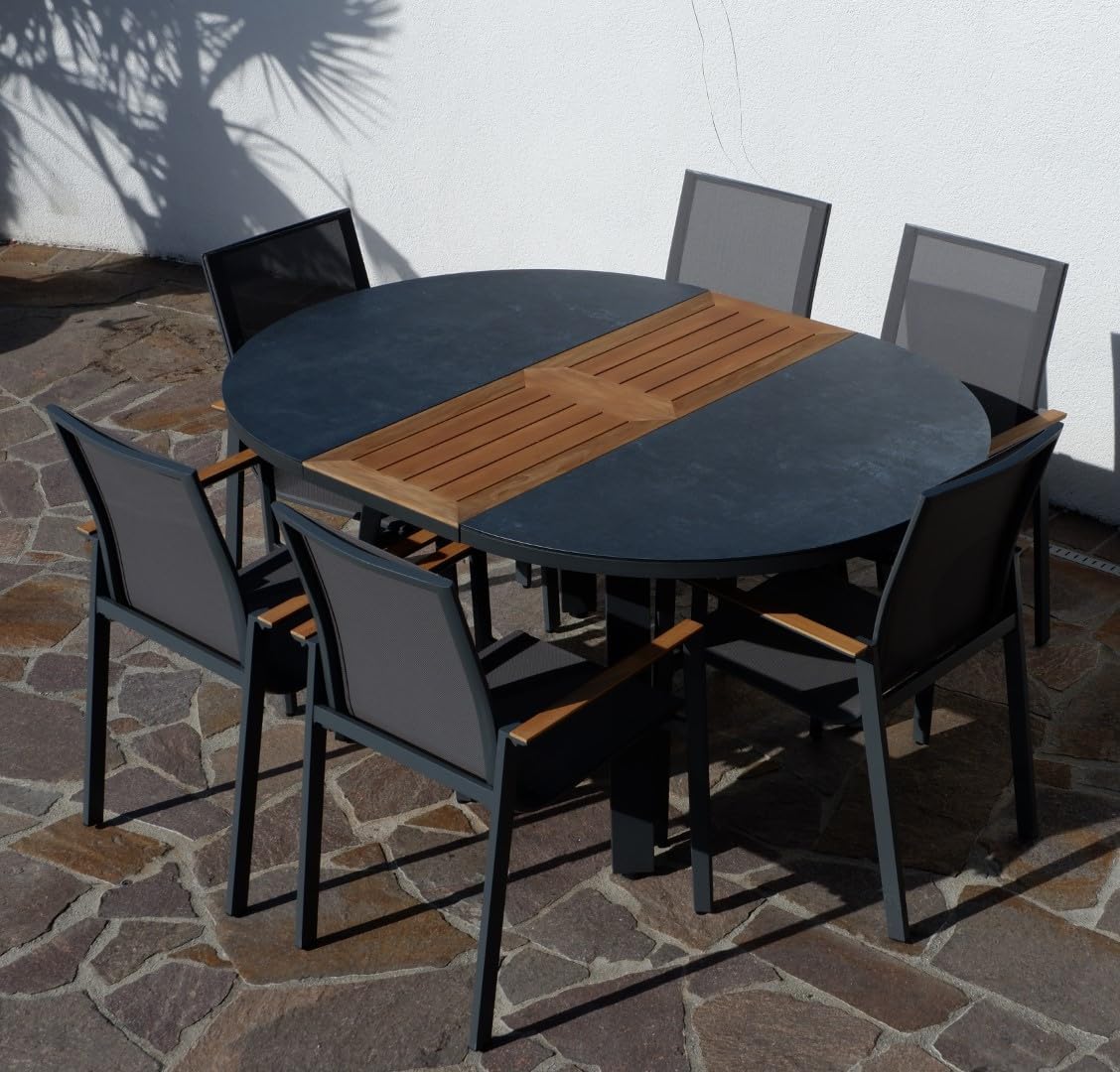 ALEOS. Gartengarnitur Gartenset Aluminium Teak Set mit rundem Ausziehtisch 120cm auf 160cm ausziehbar + 6 Stapelstühle anthrazit Trinidad