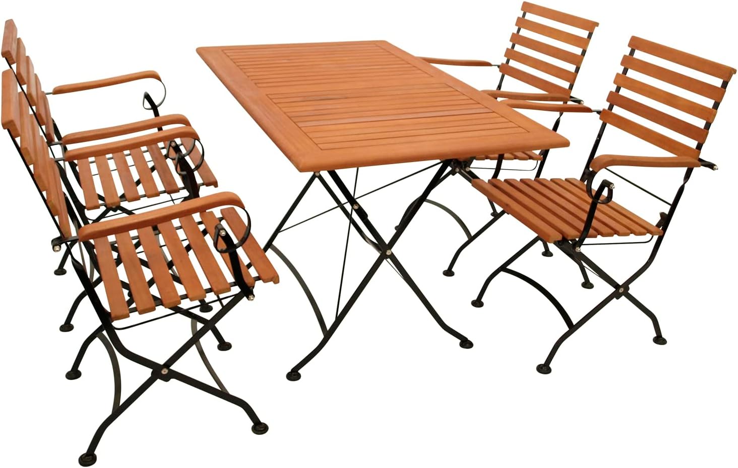 DEGAMO Garten Sitzgruppe Klappgarnitur HOFGARTEN 5-teilig (4X Armlehnensessel, 1x Tisch 70x120cm), Stahl schwarz pulverbeschichtet, Eukalyptus Holz braun geölt, FSC®-Zertifiziert, Outdoor