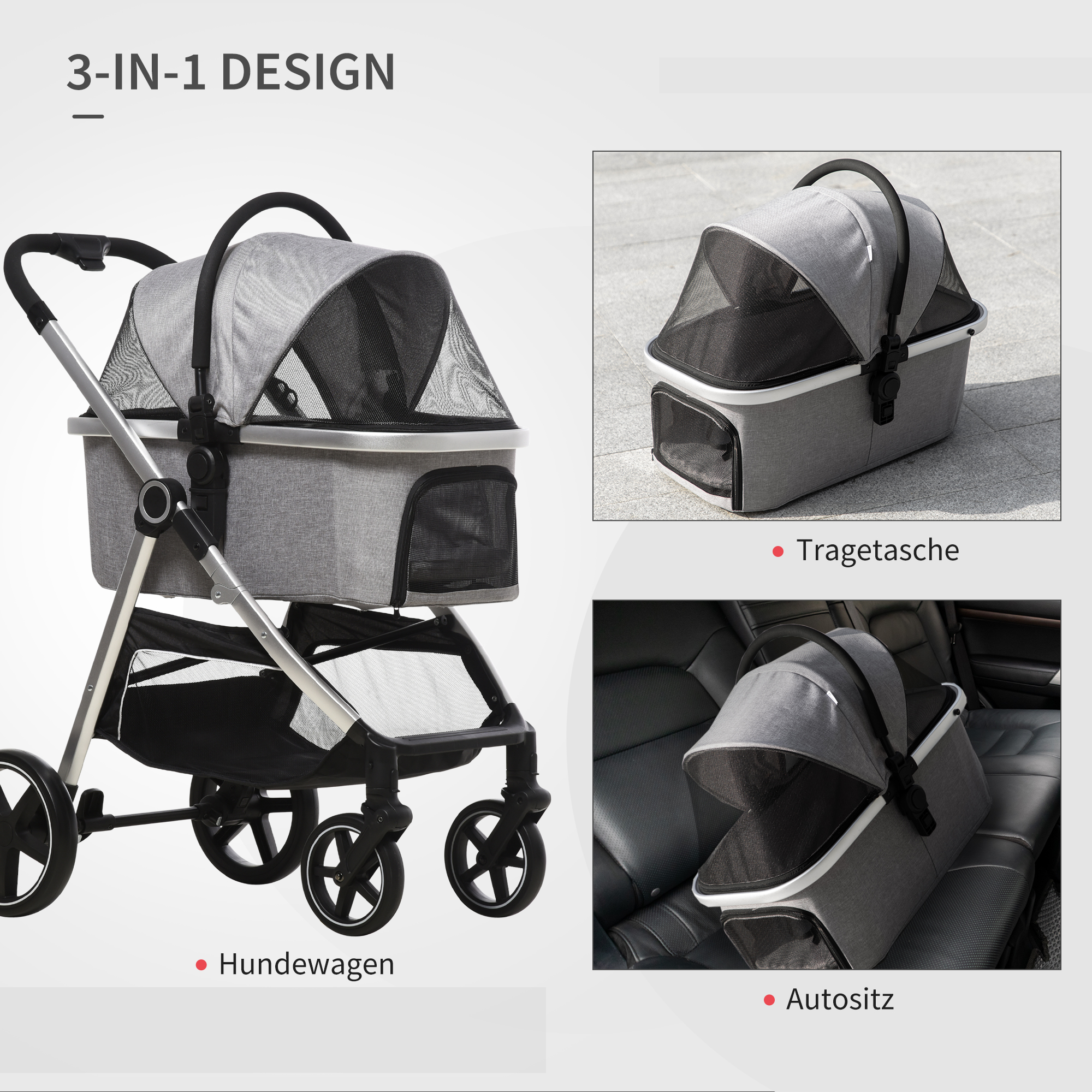 hondenkar, 2-in-1 hondenwagen, draagtas, opvouwbare hondenbuggy, grijs