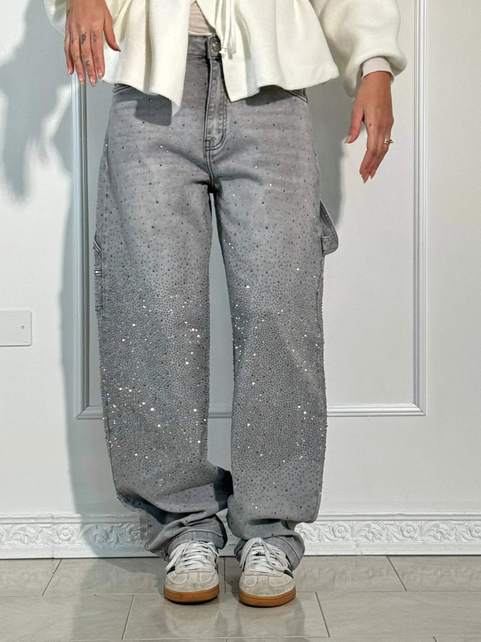 Damen Baggy Jeans mit Glitzer-Applikationen | Weite Wide Leg Denim Hose im Balloon-Schnitt | Bequeme Damenjeans aus Baumwolle