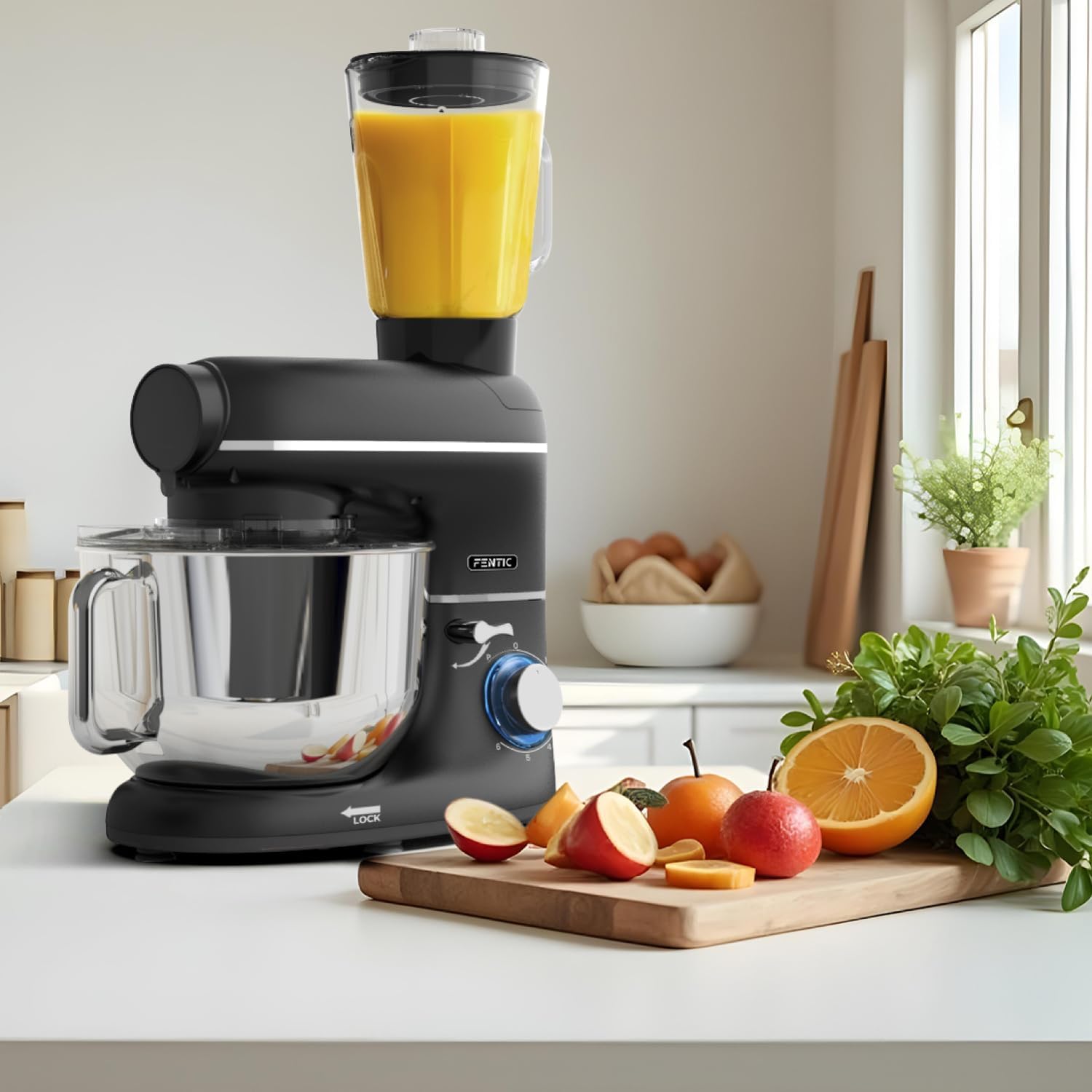 Fentic 6-in-1 Küchenmaschine – 2000W – Mit Fleischwolf, 1,5L Entsafter, Gemüseschneider und Mehr – Knetmaschine mit 6,2L Rührschüssel, Rührhaken, Knethaken, Schlagbesen und Spritzschutz (Schwarz)