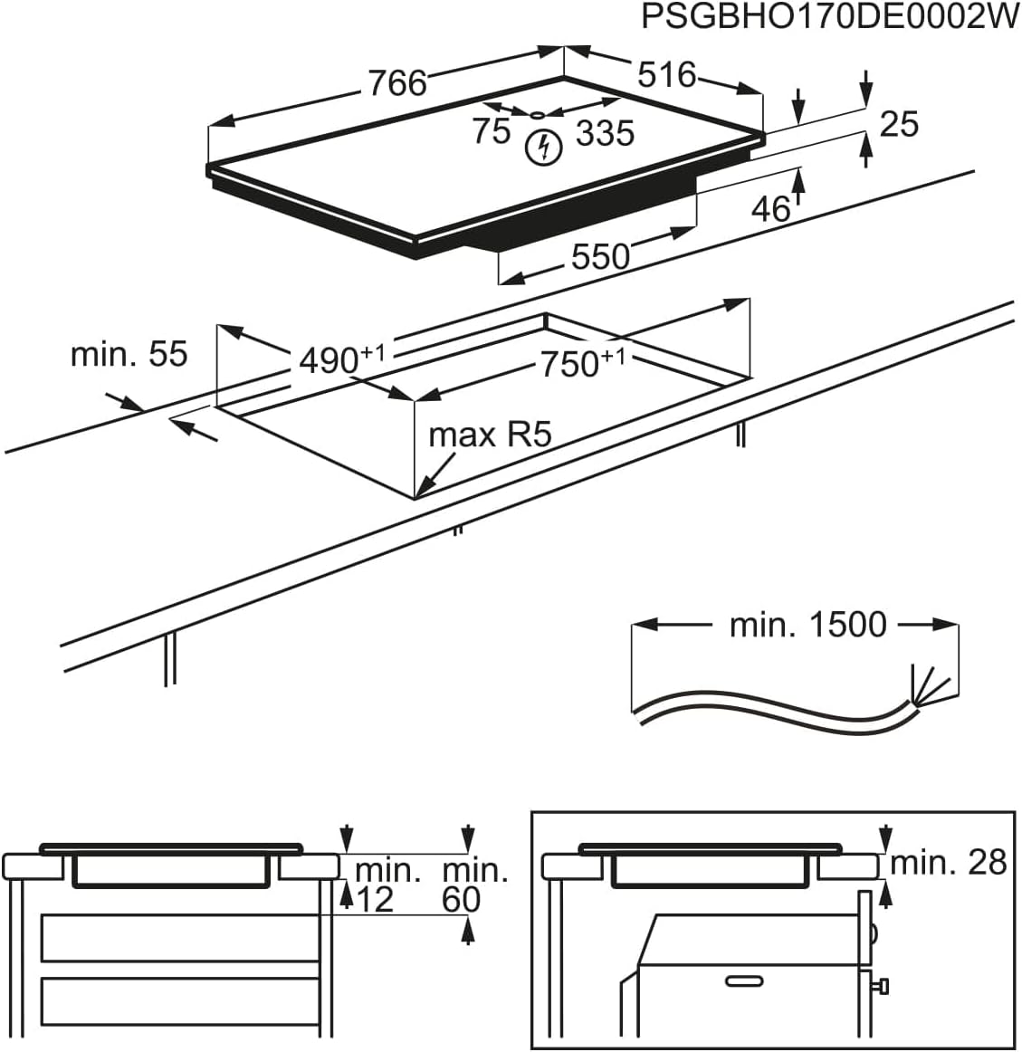 AEG Induktionskochfeld autark 80cm mit Dunstabzug / Made in Germany / 4 Flex-Kochzonen mit Bridge (Kombination 2er Zonen) / Auto-Funktion des Dunstabzugs / Aktivkohlefilter / COLI84COXB