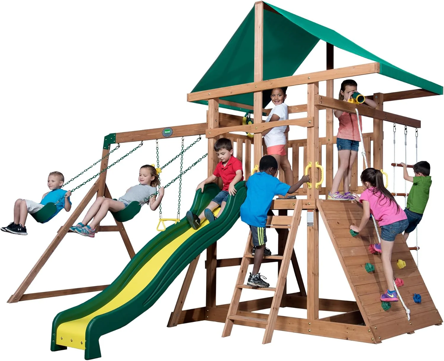 Backyard Discovery Mount Mckinley Cedar Wood Swing Set with Wave Slide. Play Deck. Double Rock Wall. Rope Ladder. Web Swing. Belt Swings. Toy Telescope. Steering Wheel. Sandbox Area. Outdoor Playset