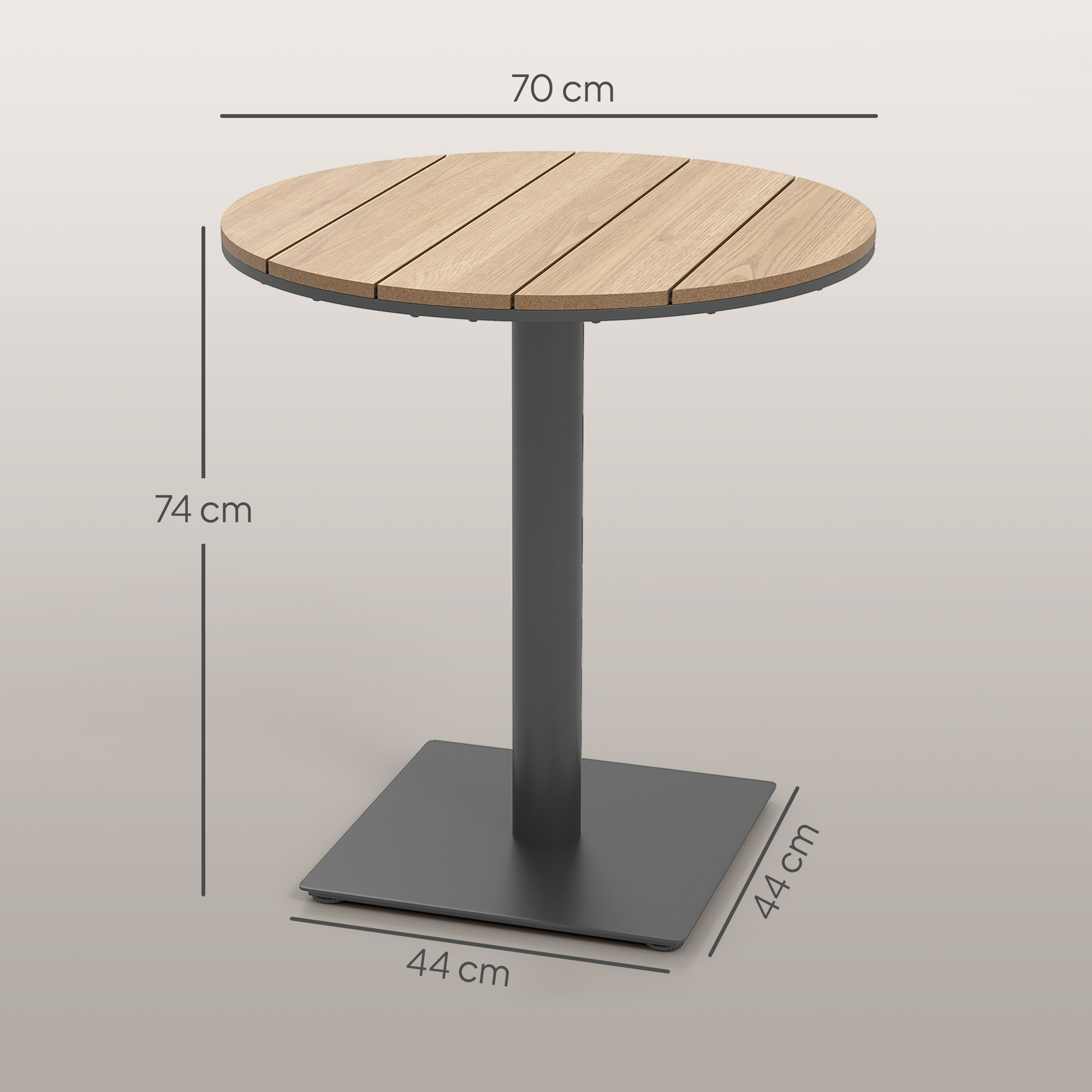 Tuintafel ?70 cm, Weerbestendige Ronde Balkontafel met Lamellenontwerp, Staal ?70 x 74H cm Natuurlijk Hout