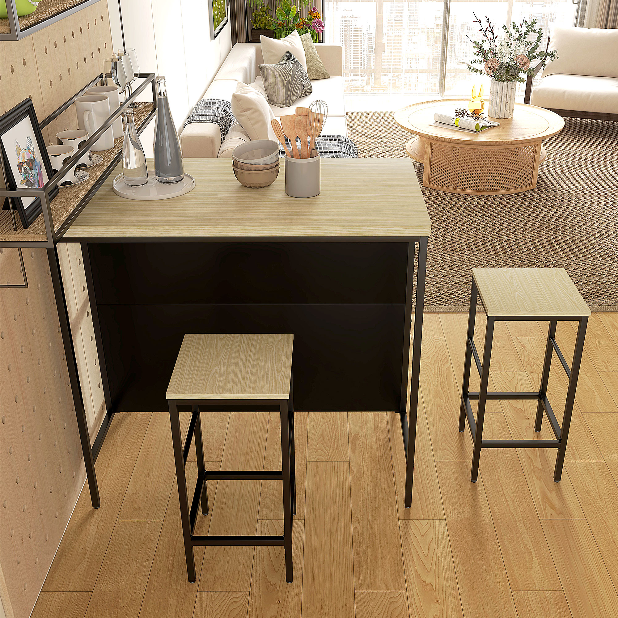 Barset, 2 Barkrukken & 1 Bartafel, vlekbestendig, stabiel, Staalframe, Zwart/Eik