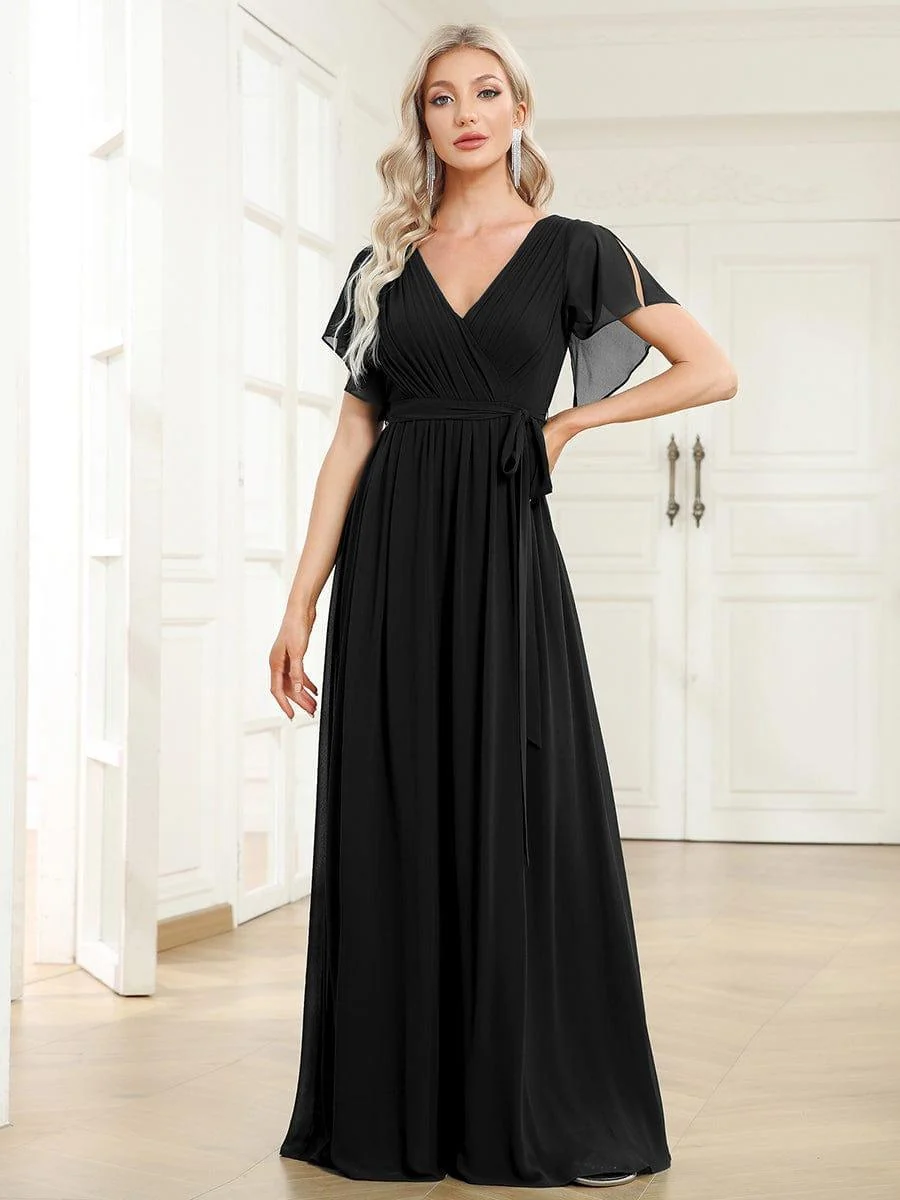 Abendkleid Damen Maxi A-Linie aus Chiffon | Festliches Kleid f��r Hochzeitsg?ste mit V-Ausschnitt und Fl��gel?rmeln