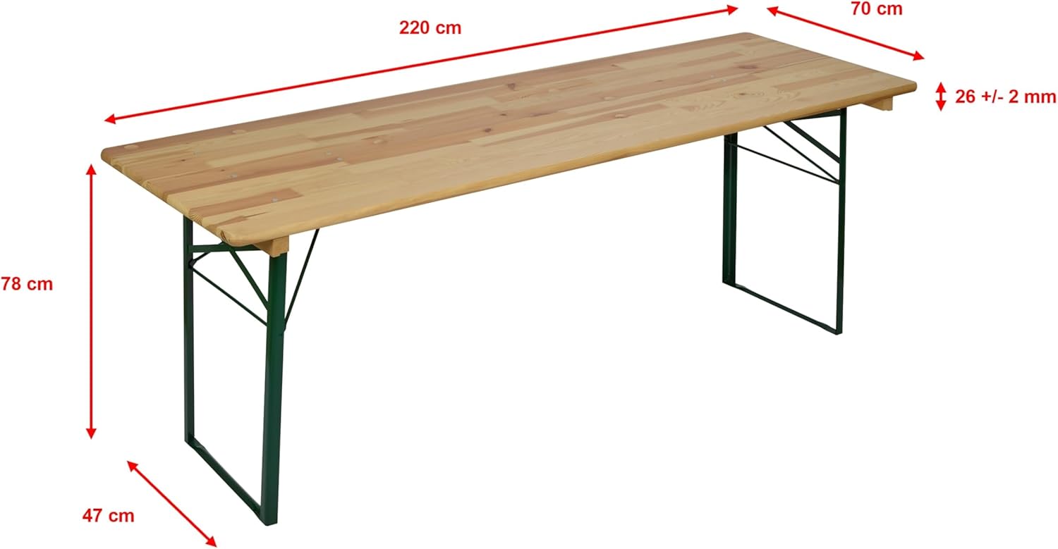 METRO Professional Bierzeltgarnitur, 3-TLG. Gartenmöbel Set, 1 Bier-Tisch 220 x 70 cm, 2 Bierbänke 220 x 25 cm, Klappbar, Naturbraun/Grün